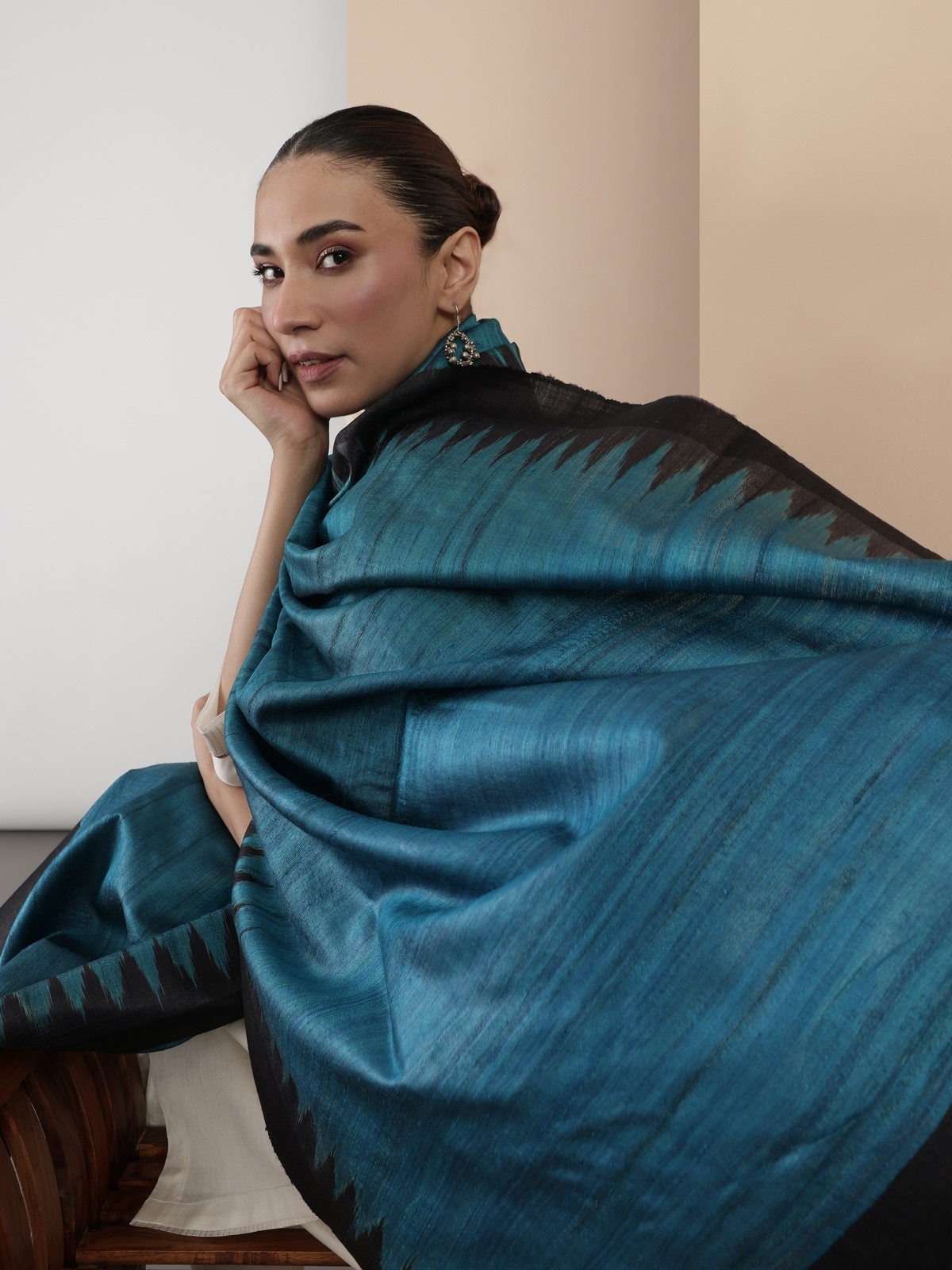 Alternate lifestyle angle showing the flow and drape of the silk fabric