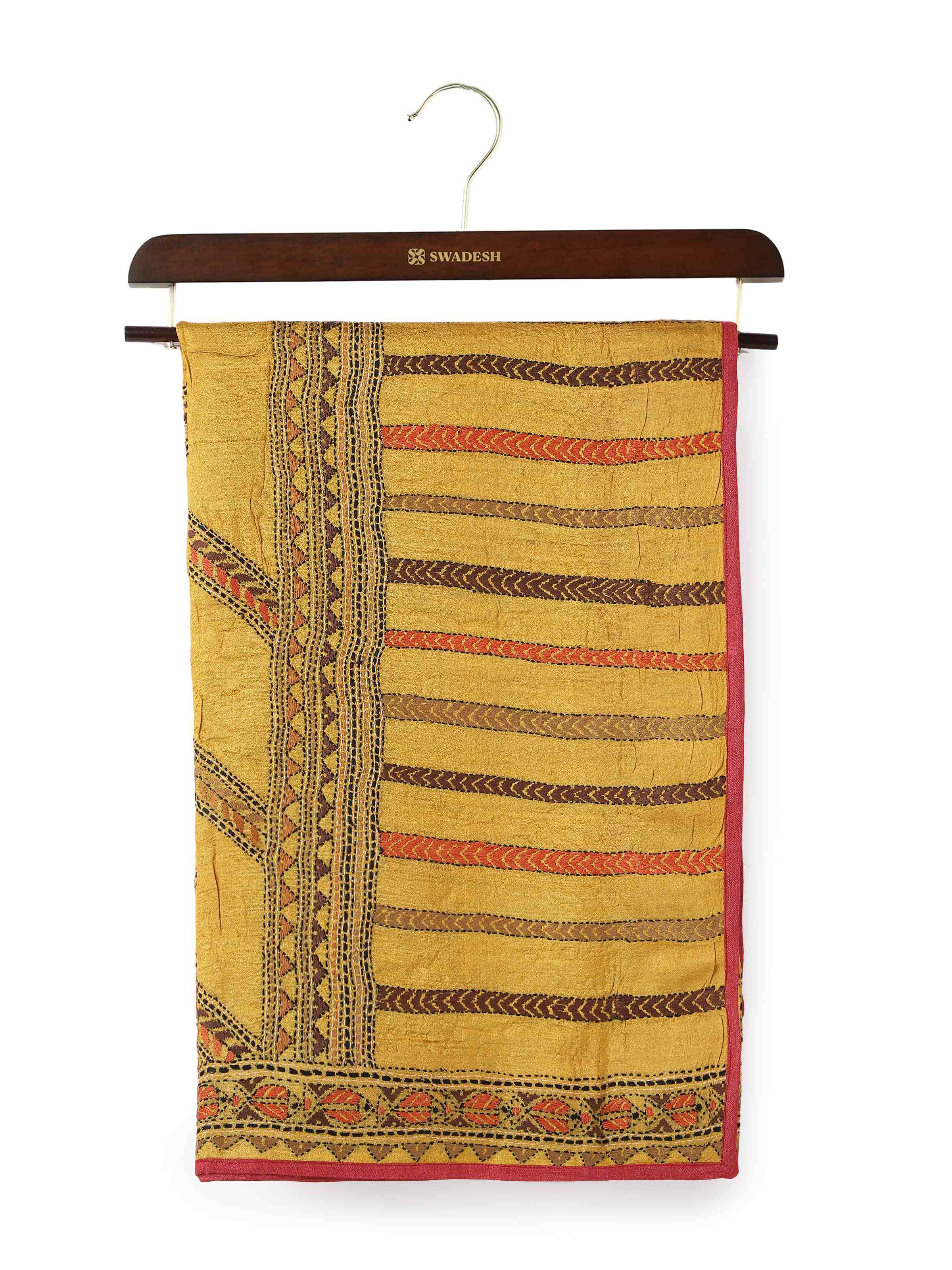 Mustard Tussar Silk Kantha Embroidered Dupatta