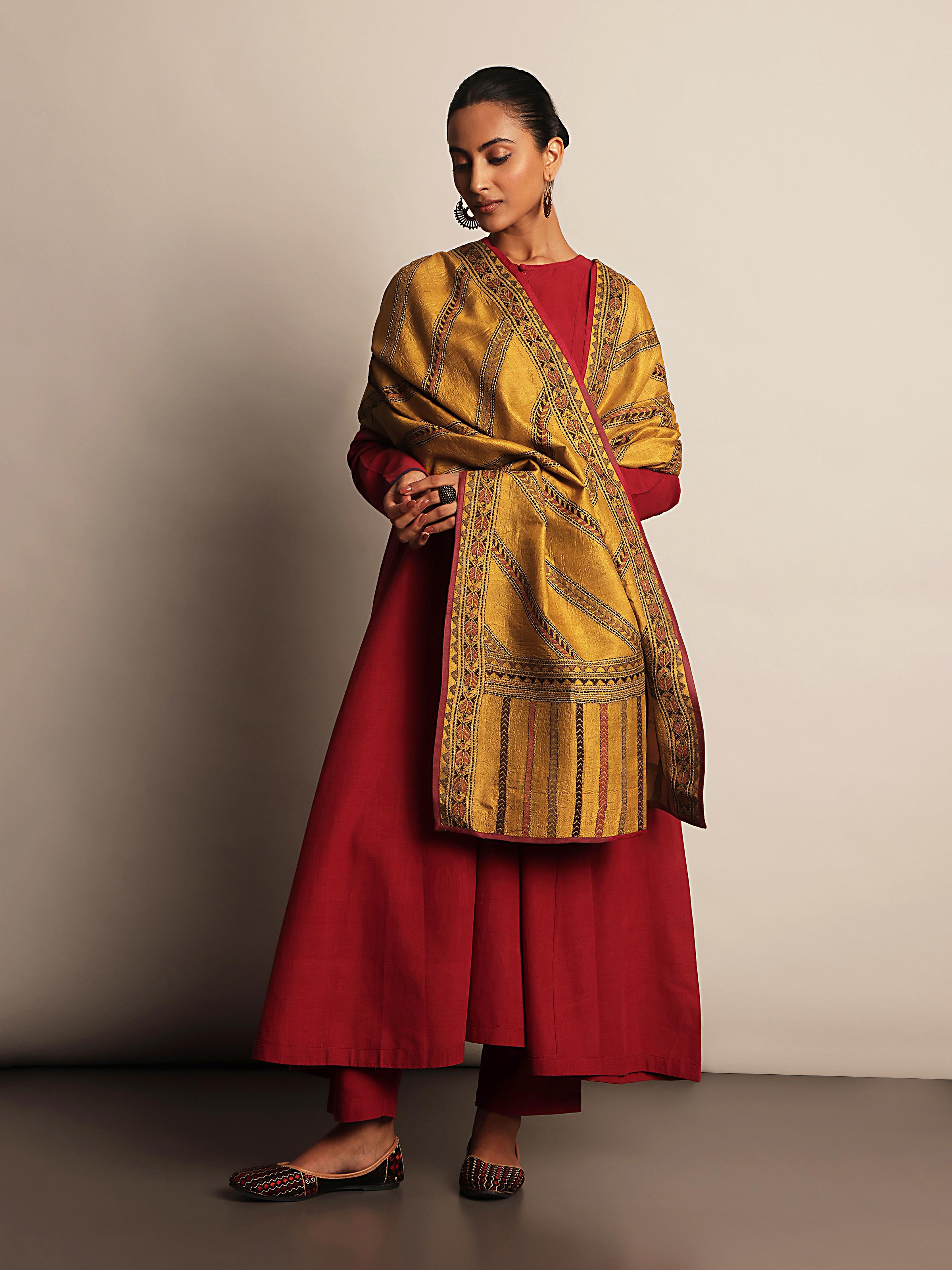 Mustard Tussar Silk Kantha Embroidered Dupatta