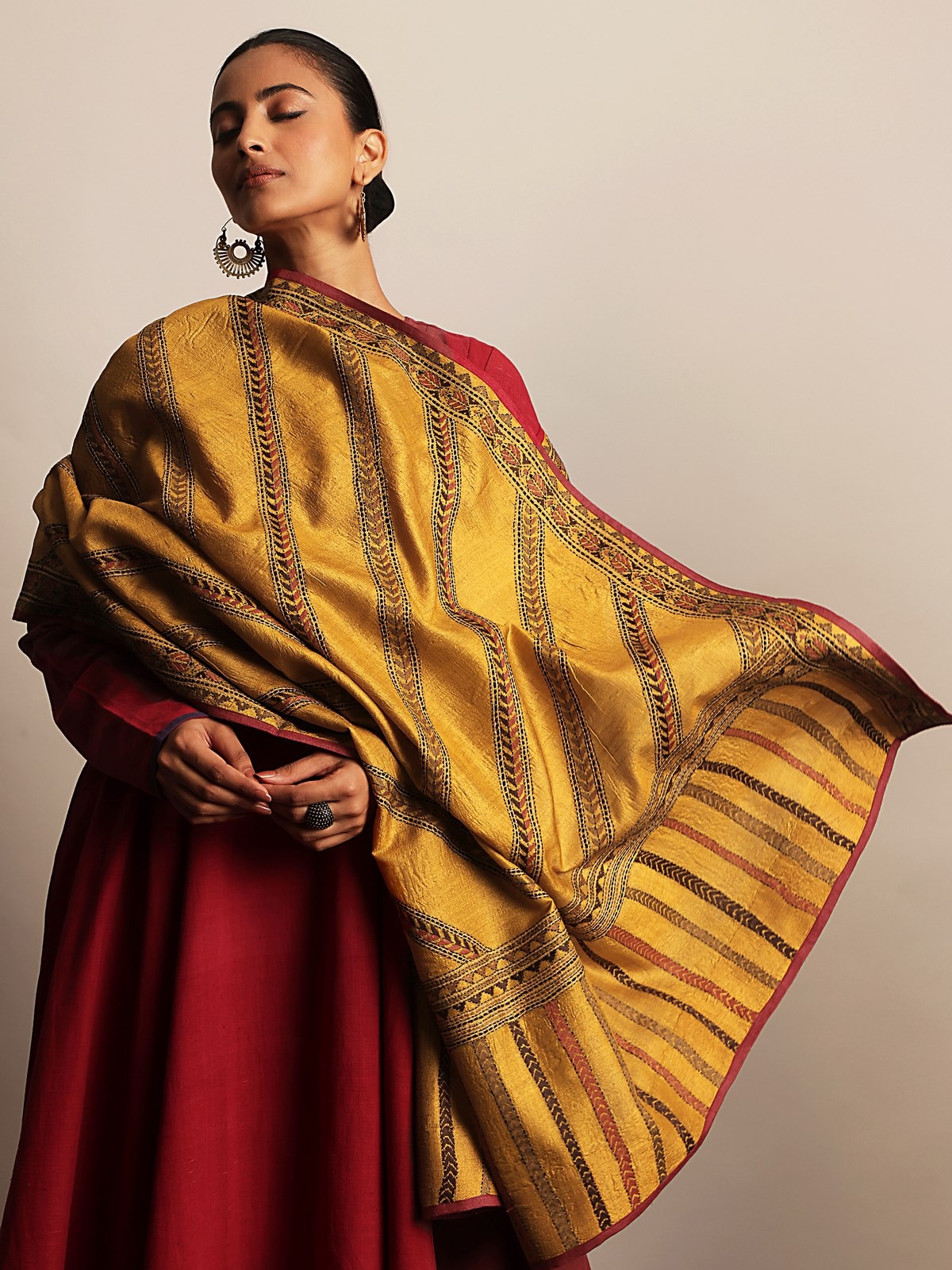 Mustard Tussar Silk Kantha Embroidered Dupatta