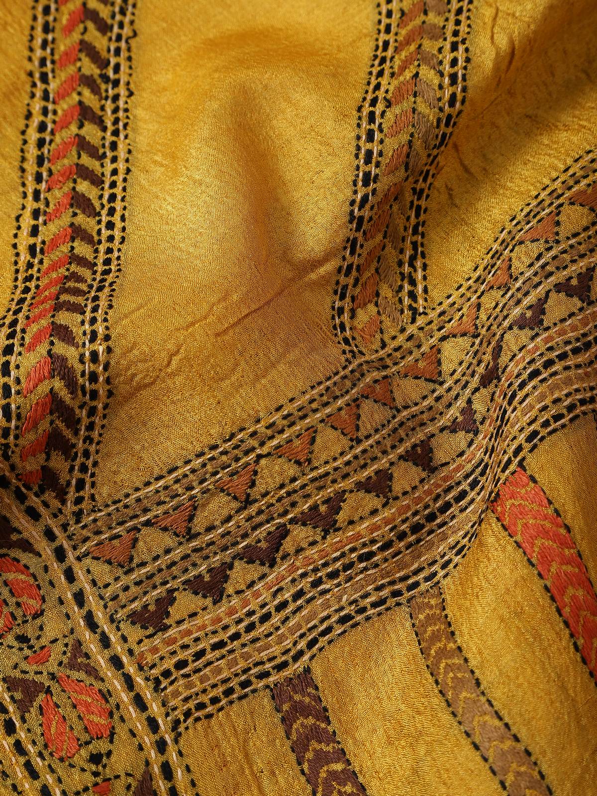 Mustard Tussar Silk Kantha Embroidered Dupatta