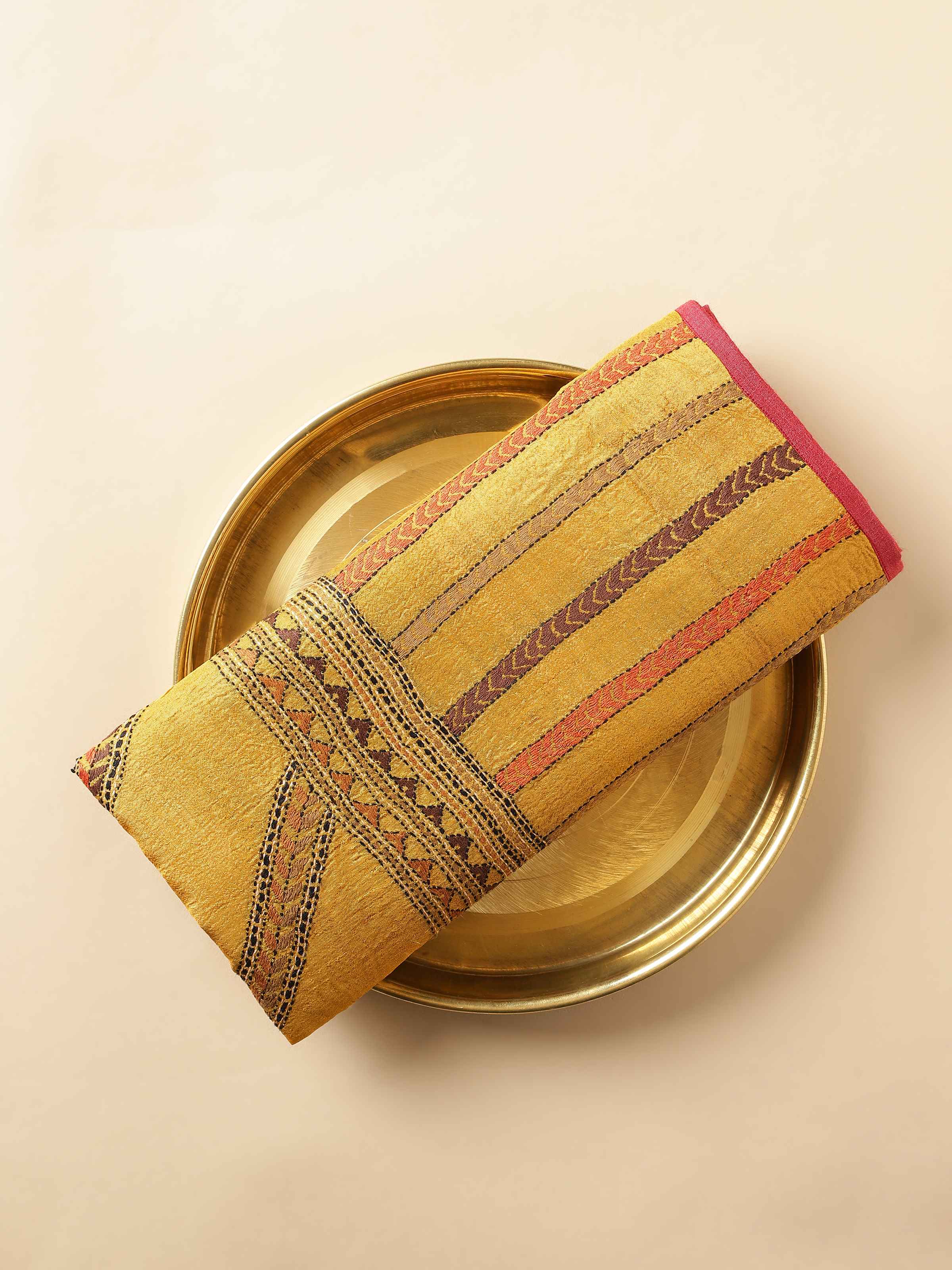 Mustard Tussar Silk Kantha Embroidered Dupatta