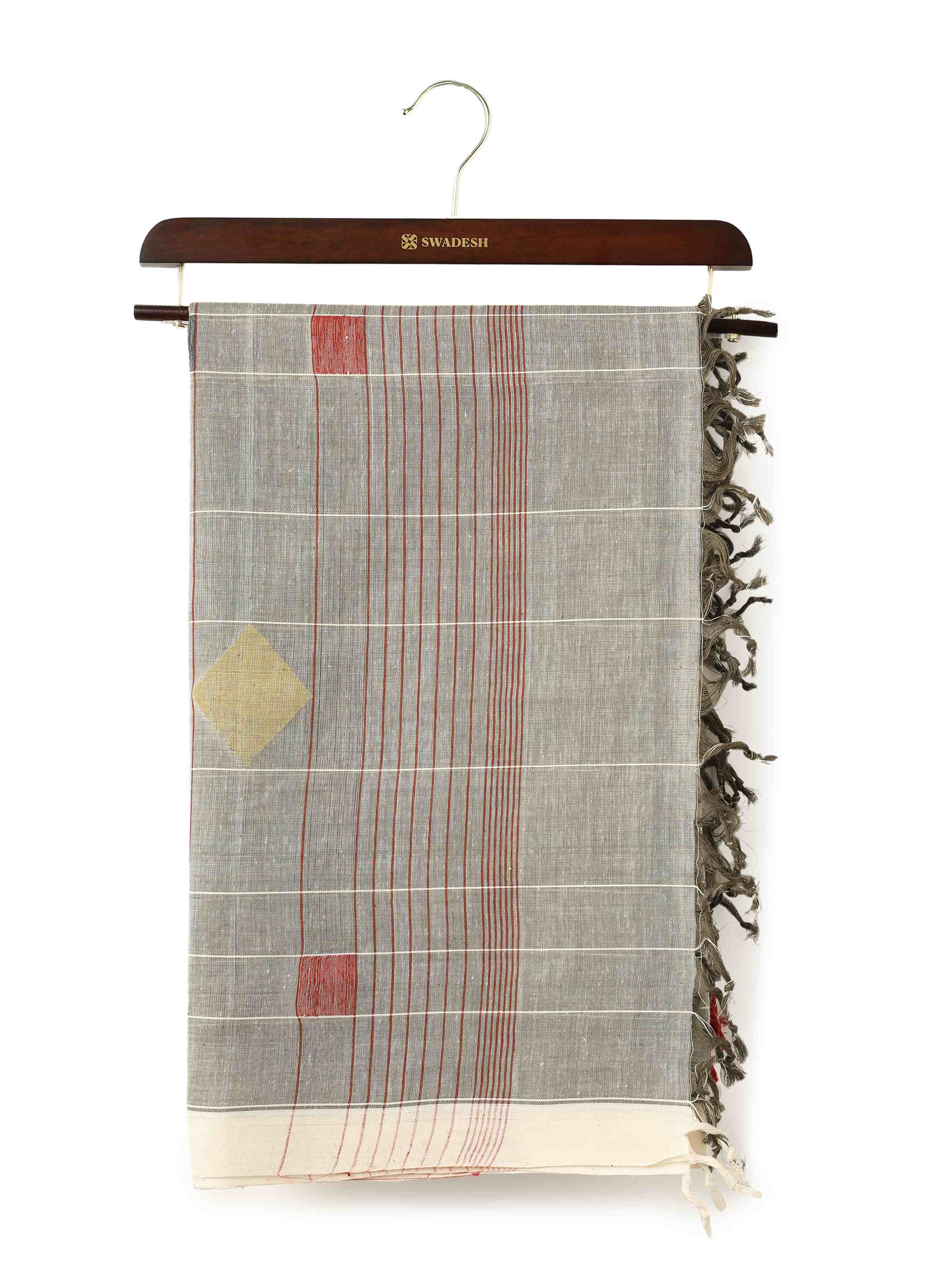 Front view of the grey cotton Jamdani dupatta featuring fine motifs and soft cotton weave.