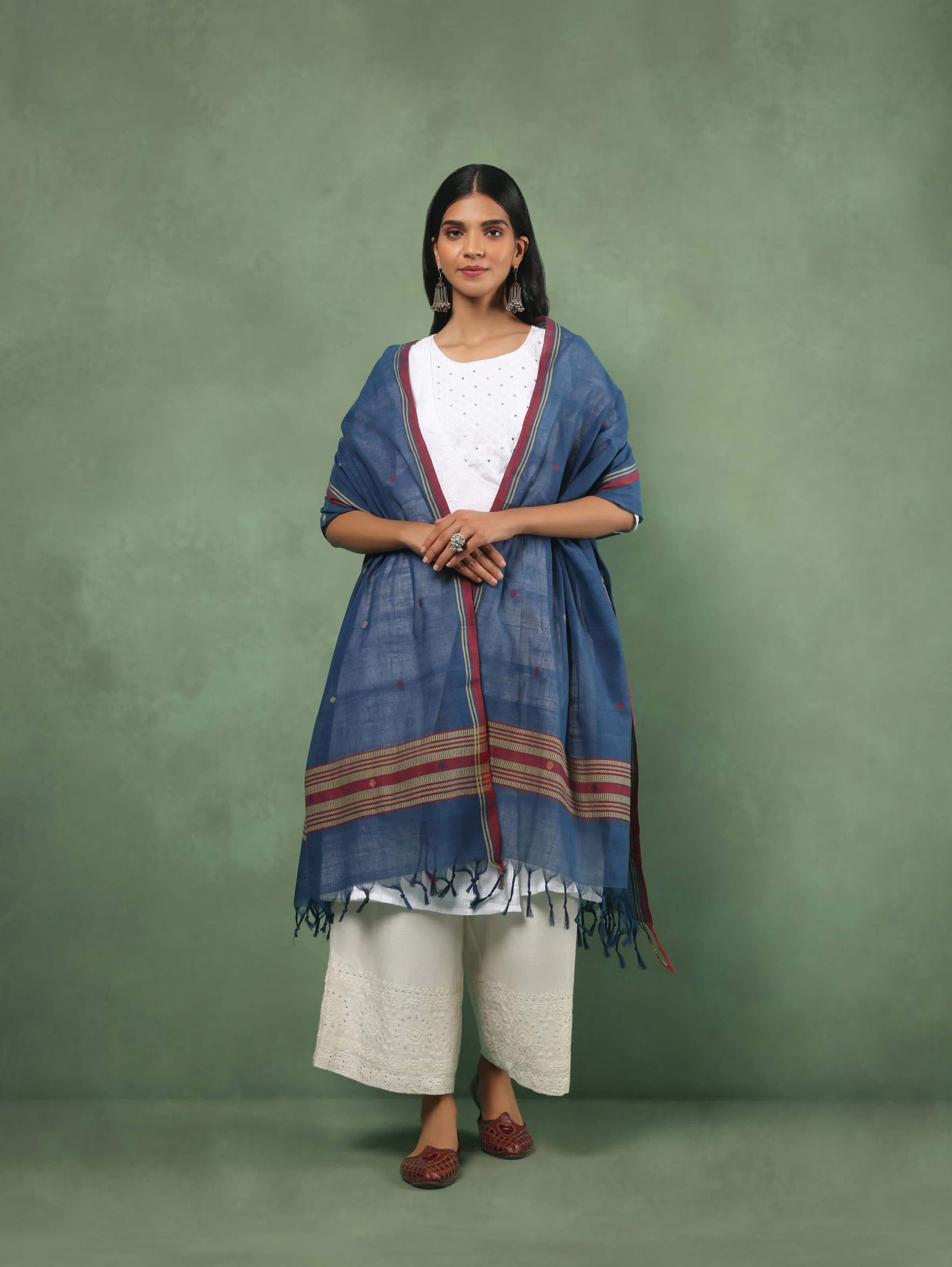 Blue Cotton Jamdani Dupatta