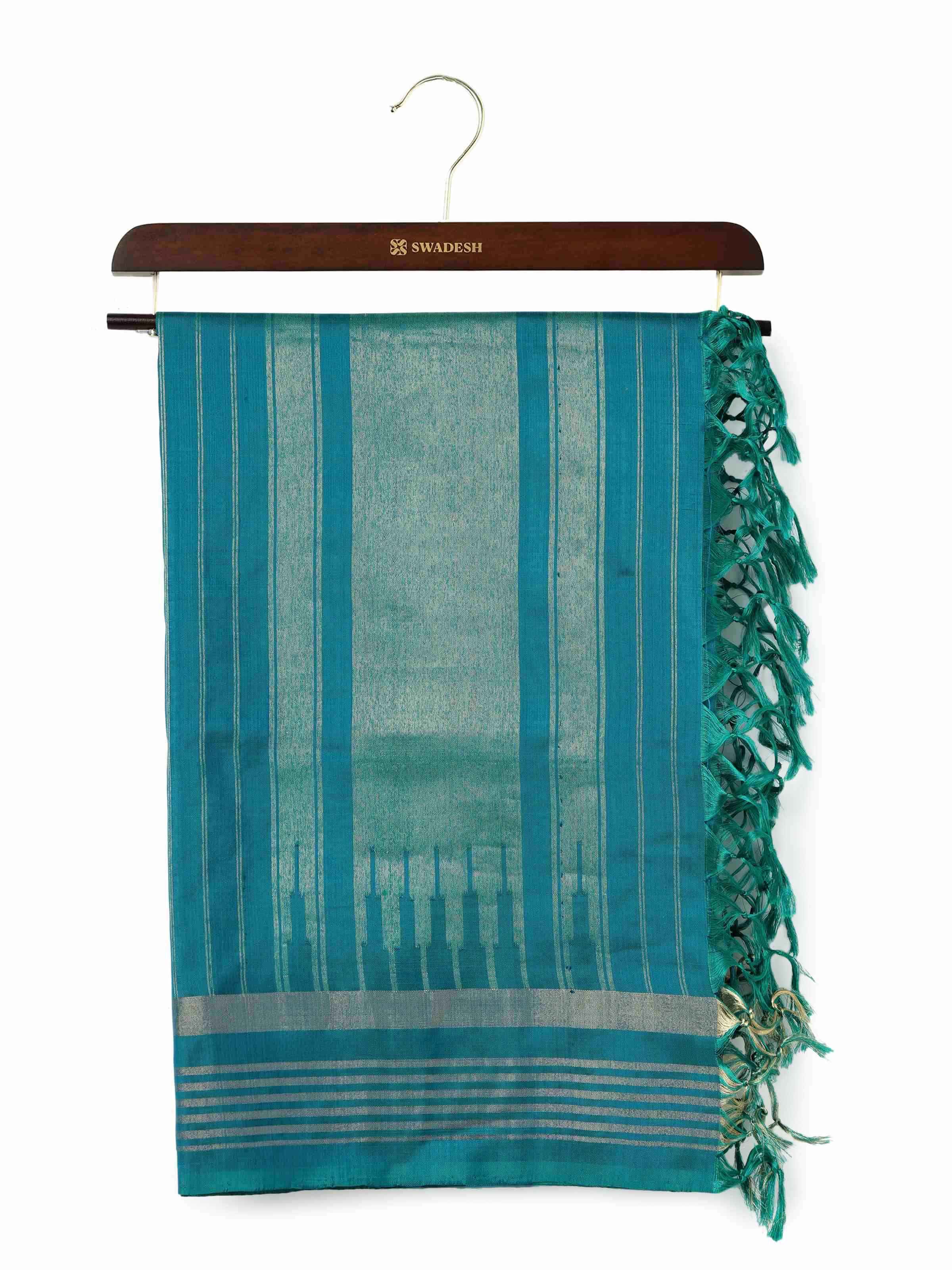 Front view of blue and gold silk Ikat dupatta with traditional zari patterns and lustrous finish