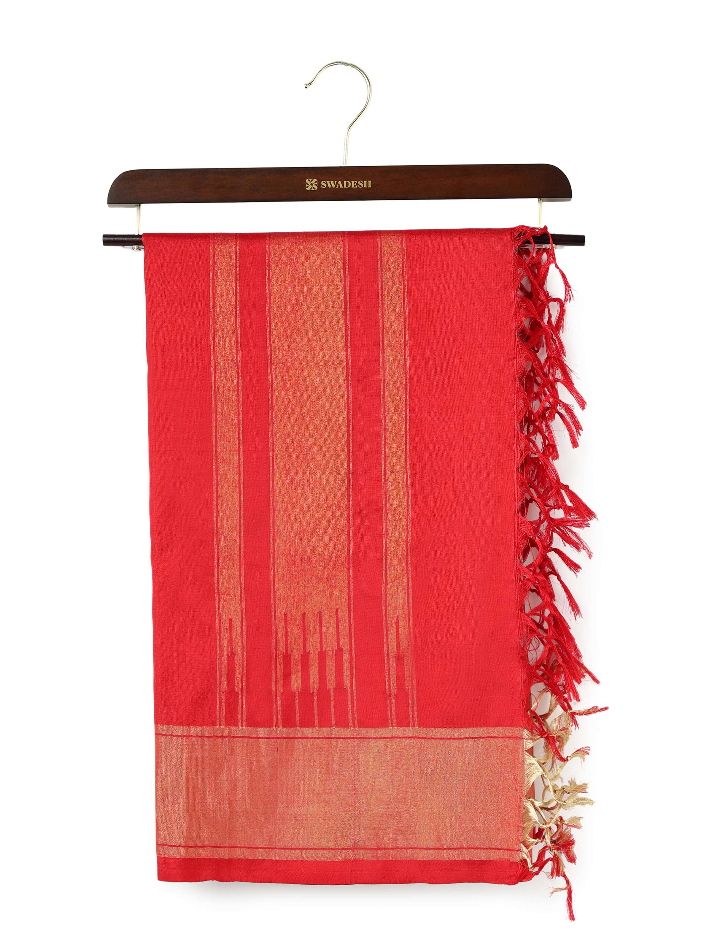 Front view showcasing the luxurious red silk Ikat dupatta, highlighted by the shimmering zari work that exudes festive elegance.