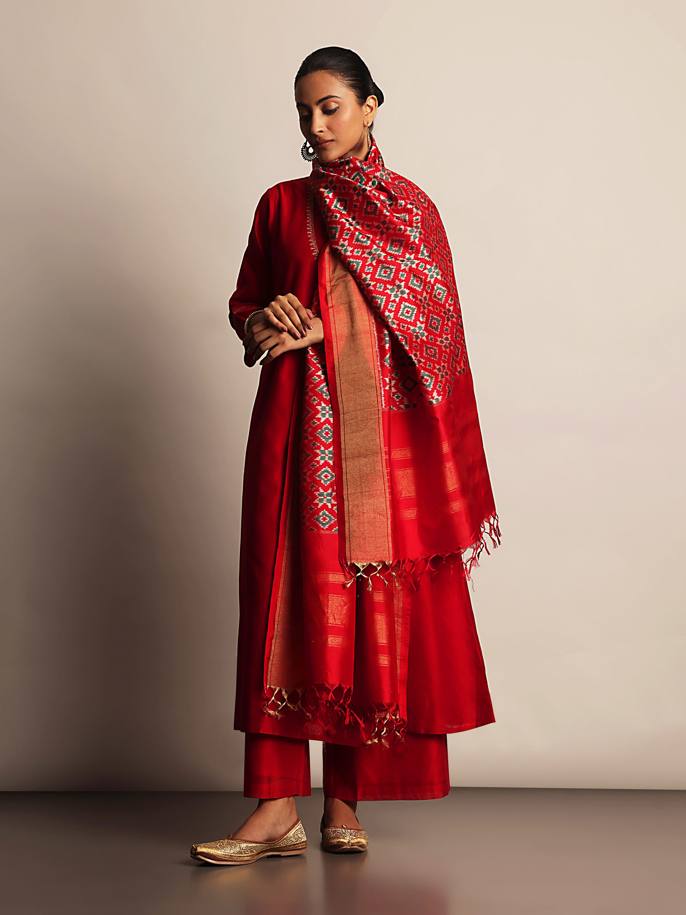 Lifestyle shot capturing the vibrant hues and regal charm, perfect for adding a touch of grandeur to any outfit.