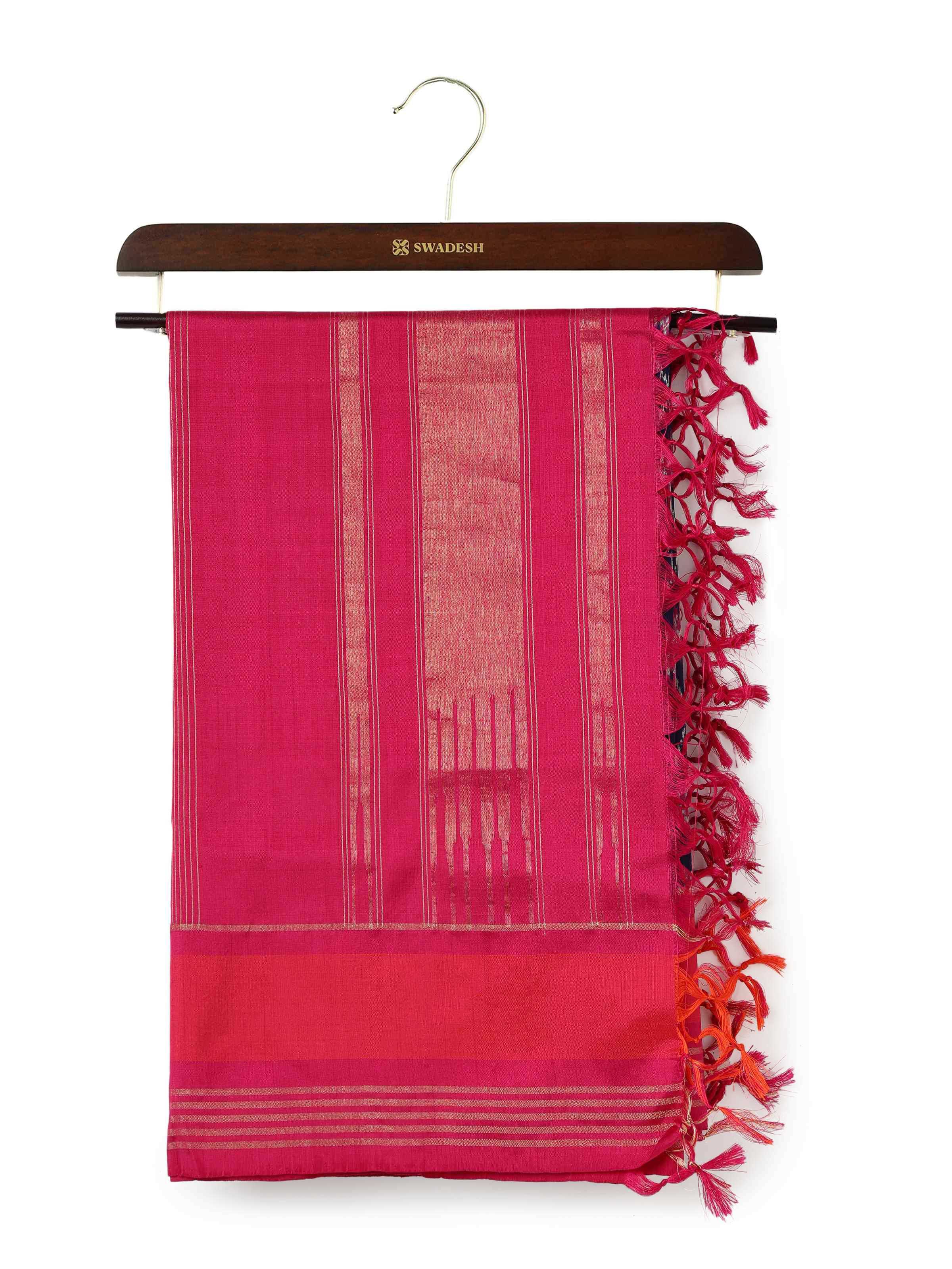 Front view of navy blue silk dupatta with Ikat weave and zari accents.