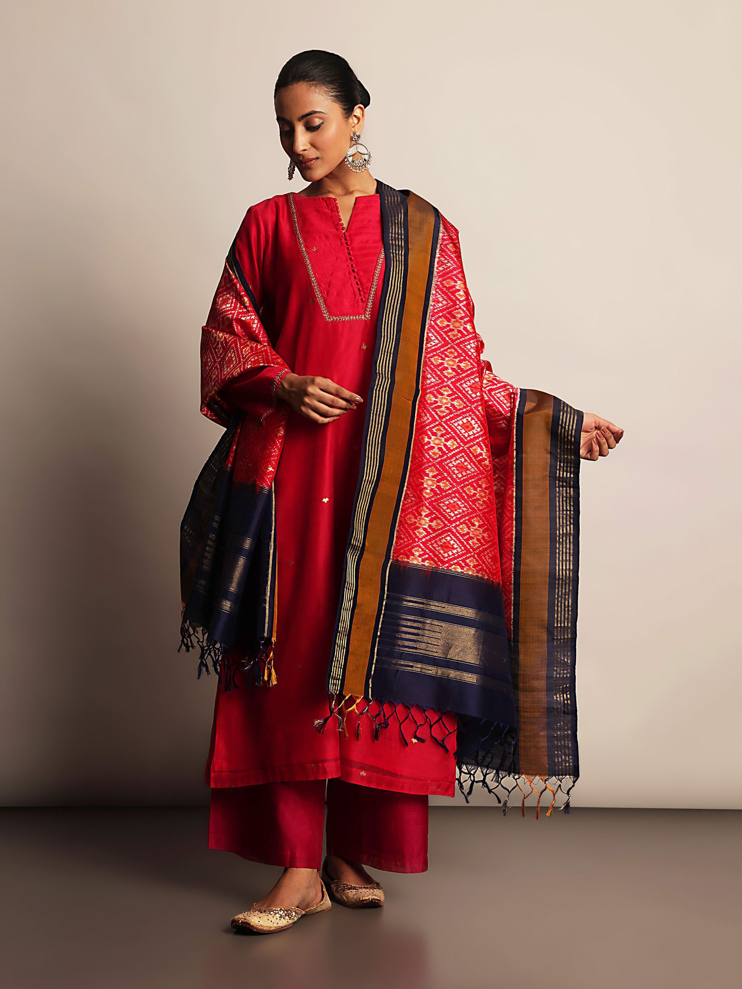 Red & Blue Silk Ikat Zari Dupatta