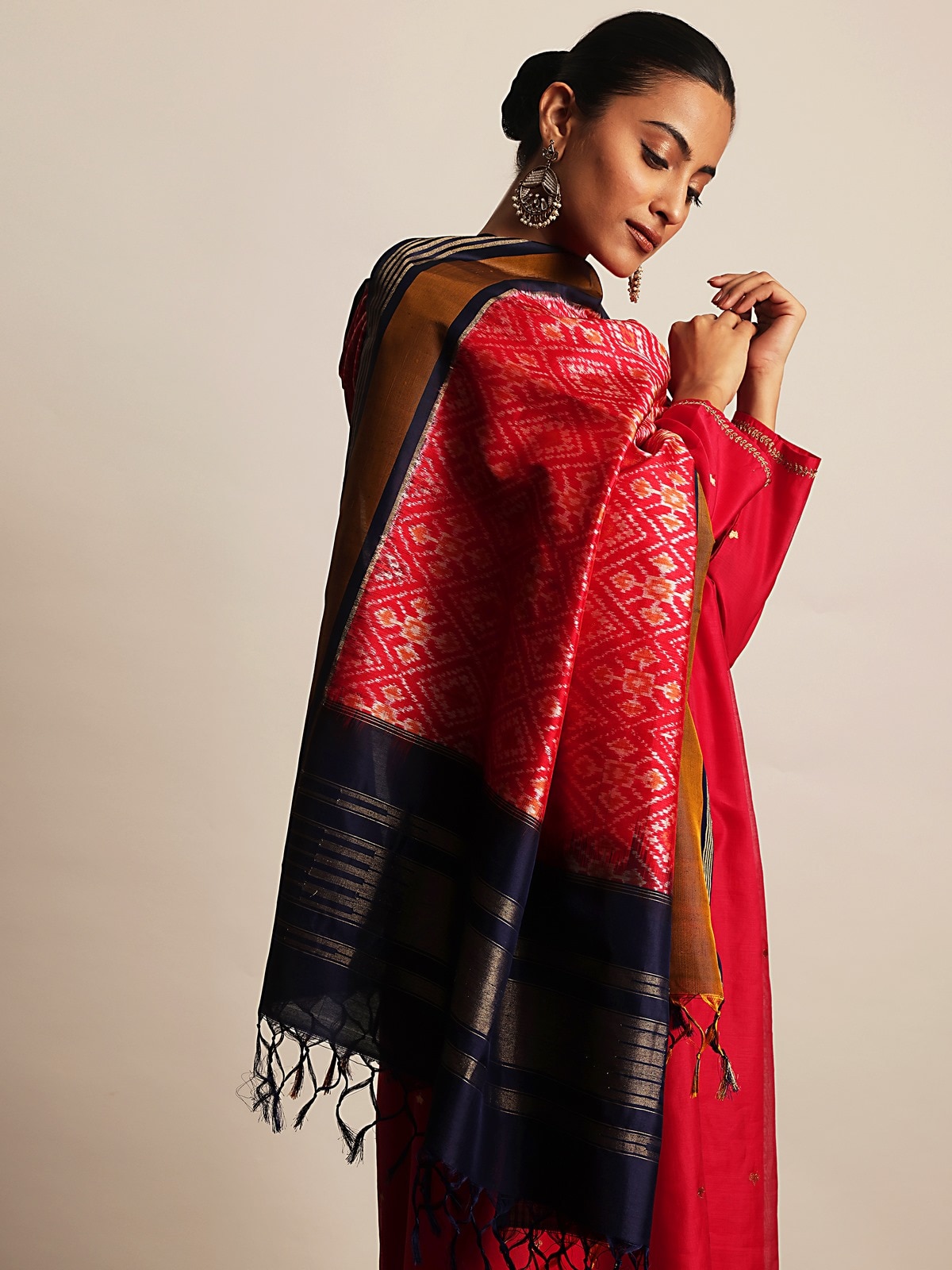 Red & Blue Silk Ikat Zari Dupatta