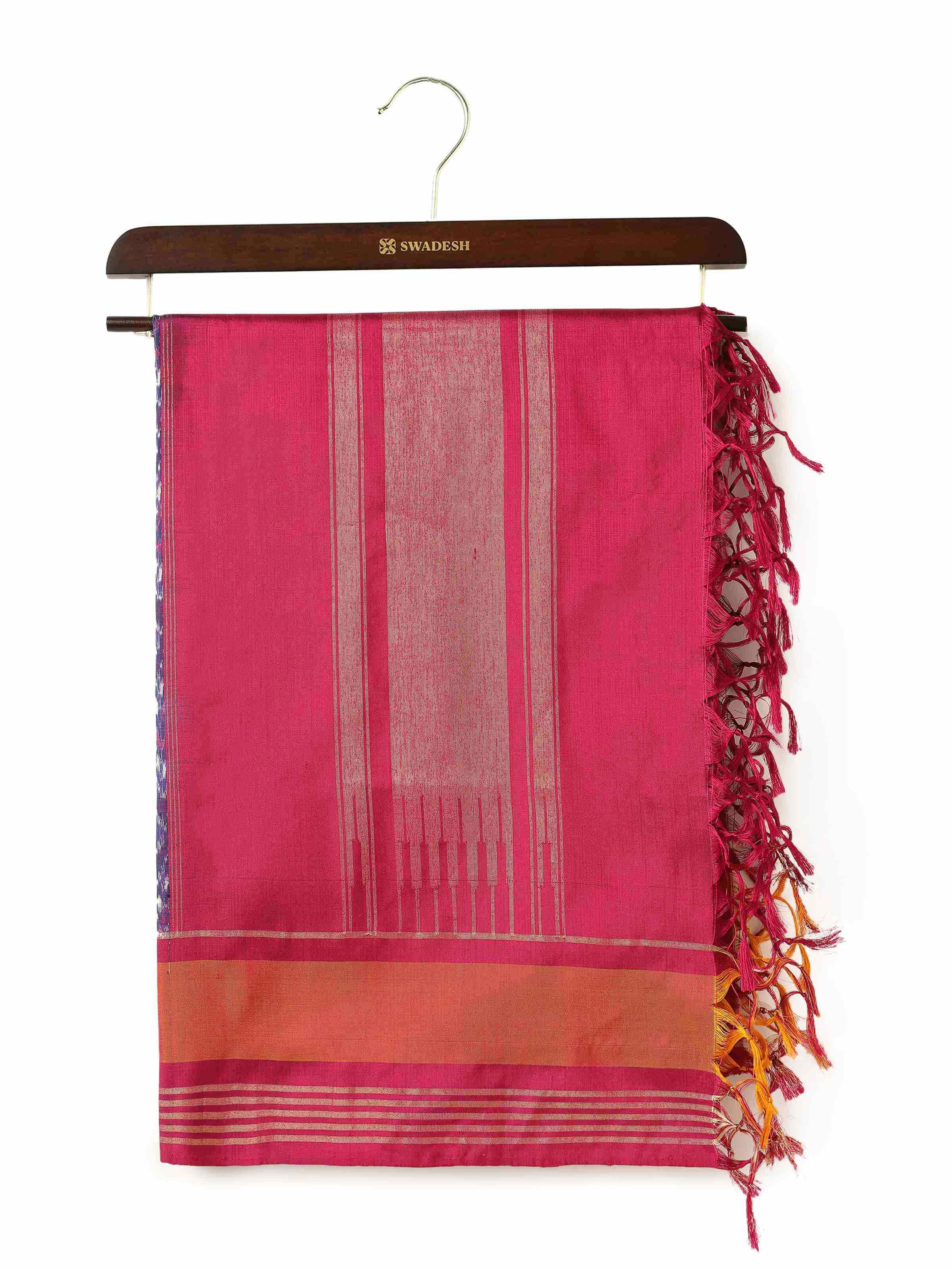 Blue and pink silk Ikat dupatta with intricate zari work, displayed flat to showcase detailed patterns.
