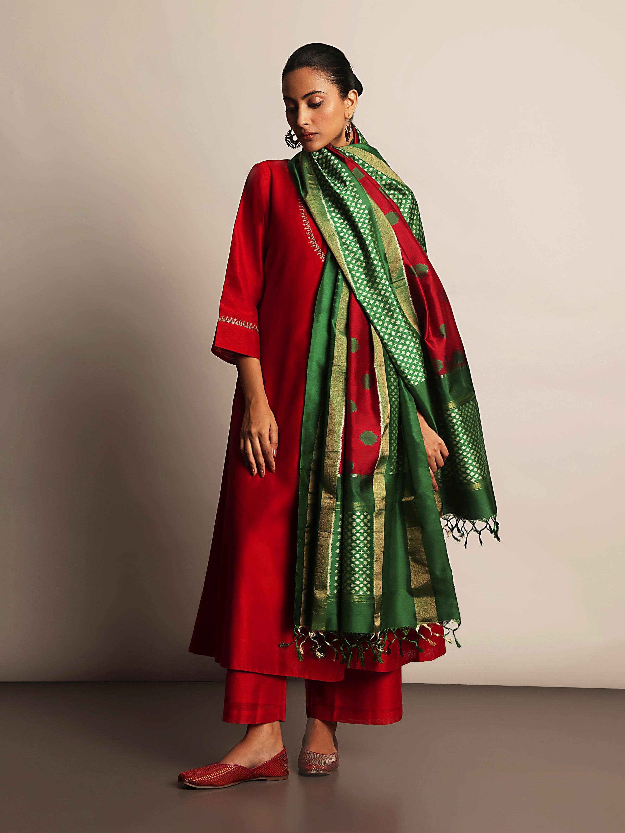 Red & Gold Silk Ikat Zari Dupatta