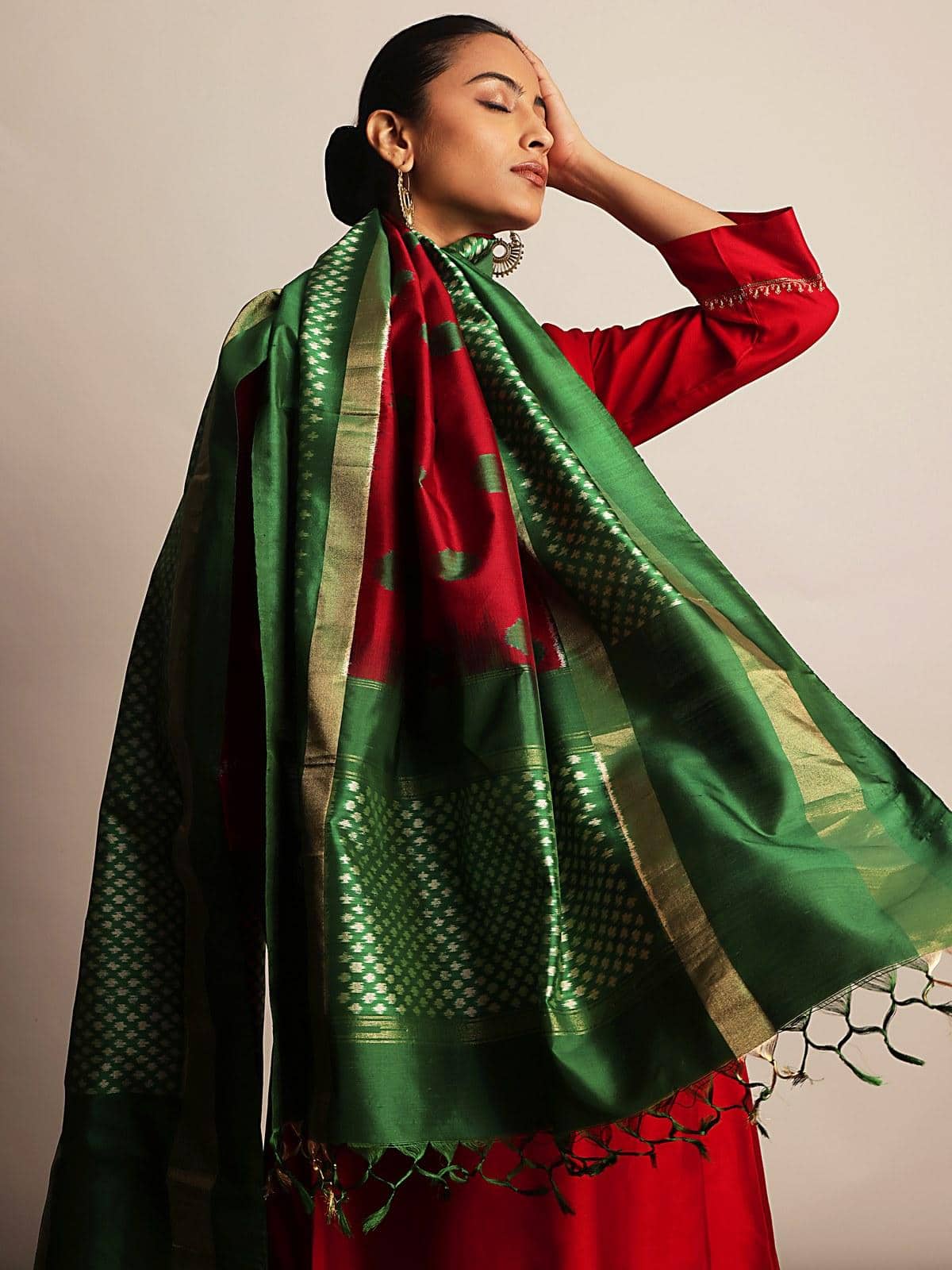 Red & Gold Silk Ikat Zari Dupatta