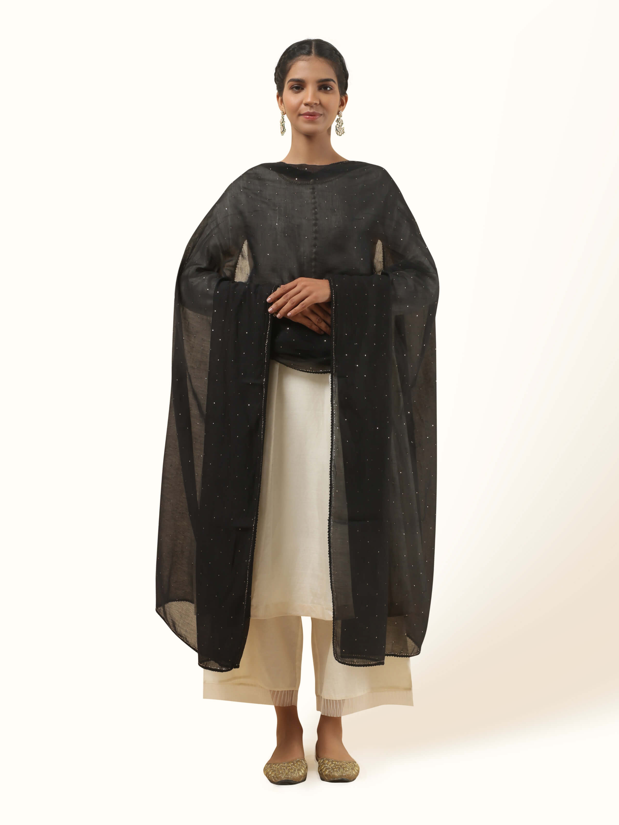 Black Cotton Silk Mukaish Embroidered Dupatta