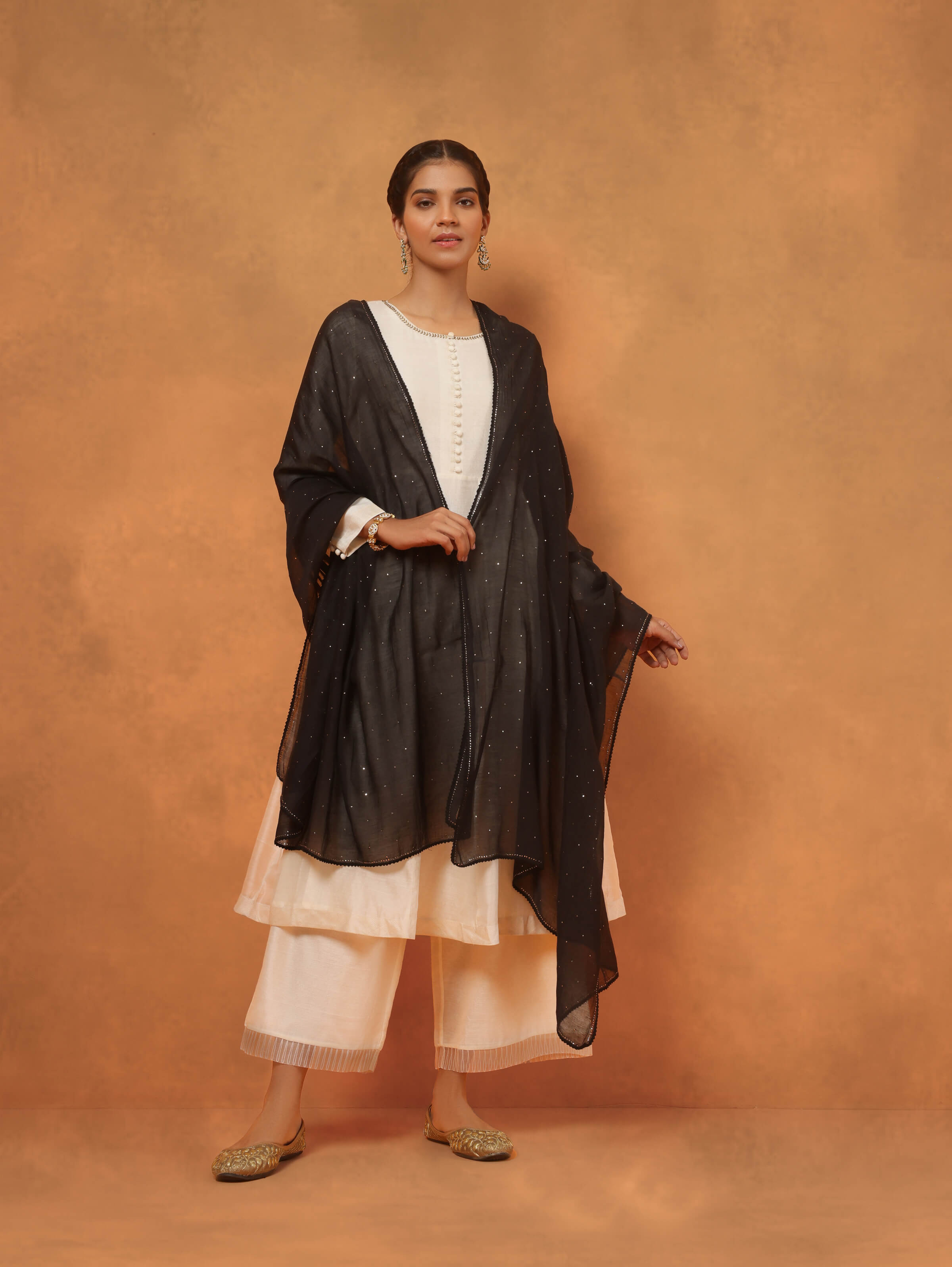 Black Cotton Silk Mukaish Embroidered Dupatta