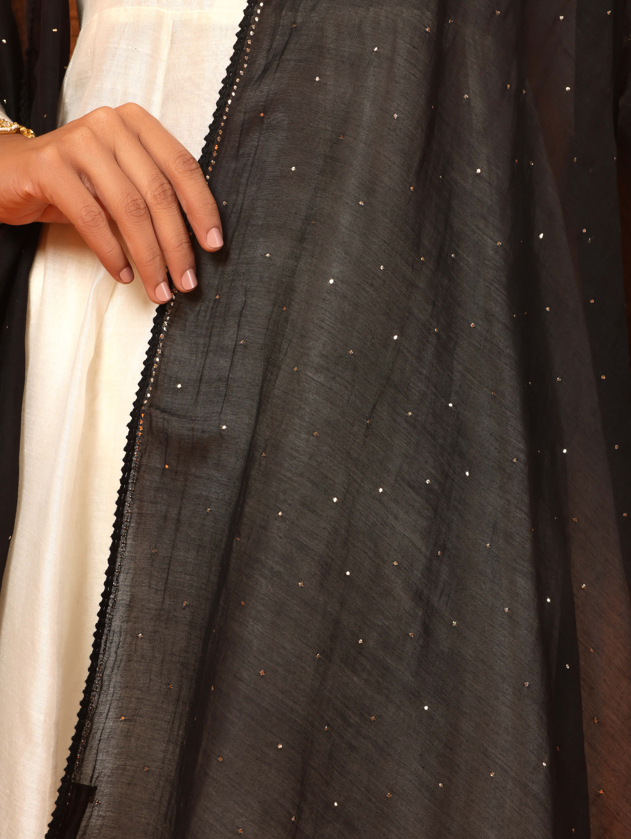 Black Cotton Silk Mukaish Embroidered Dupatta