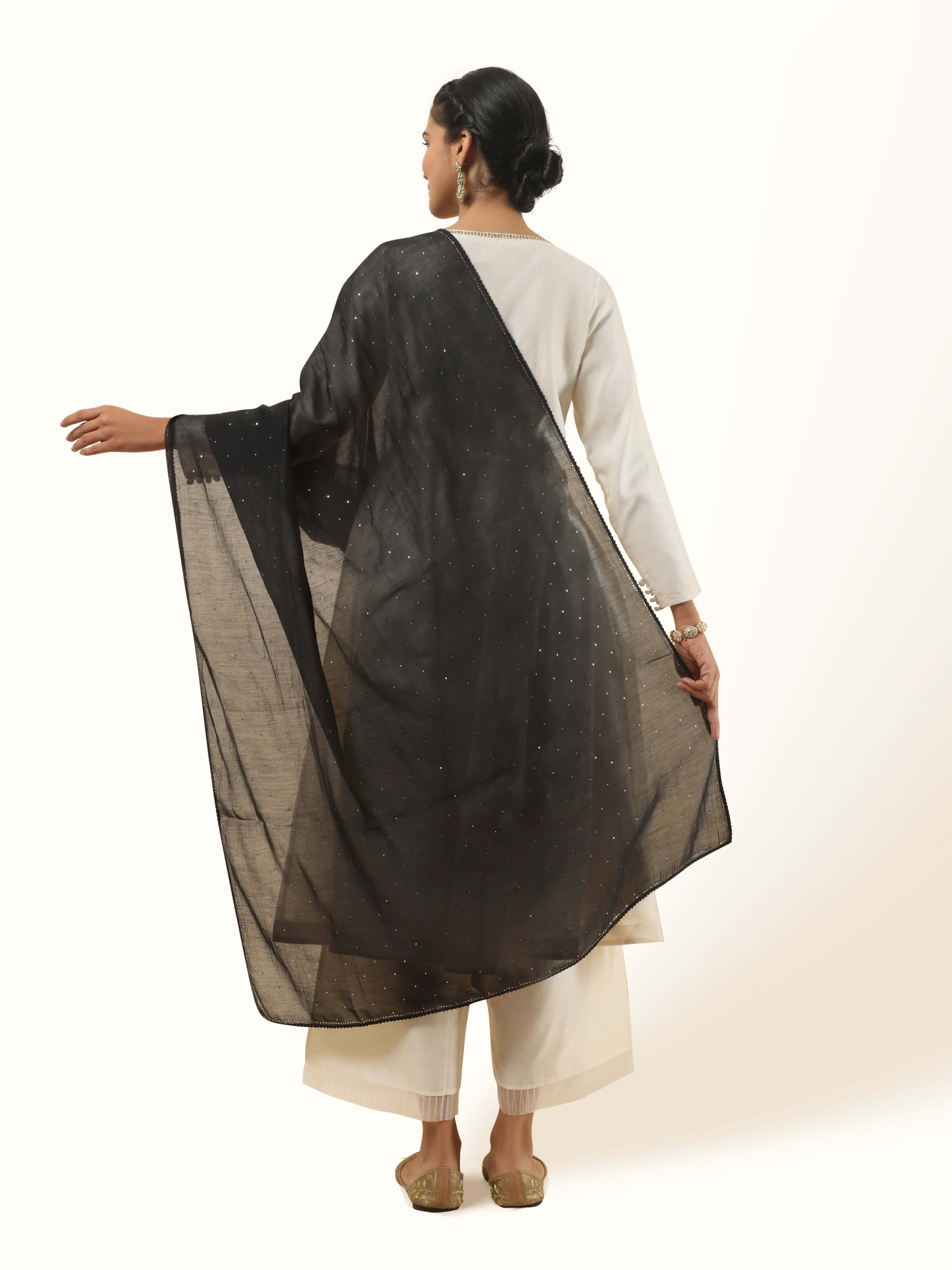 Black Cotton Silk Mukaish Embroidered Dupatta