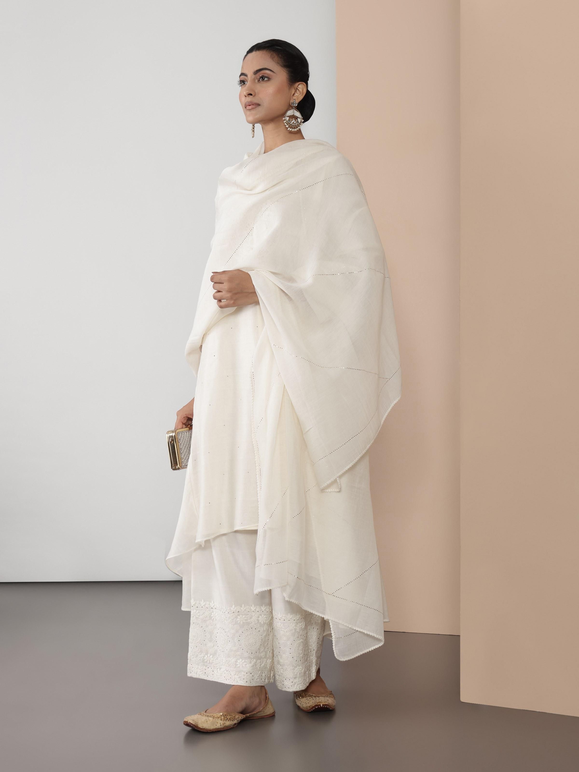 Off-white Cotton Silk Mukaish Embroidered Dupatta