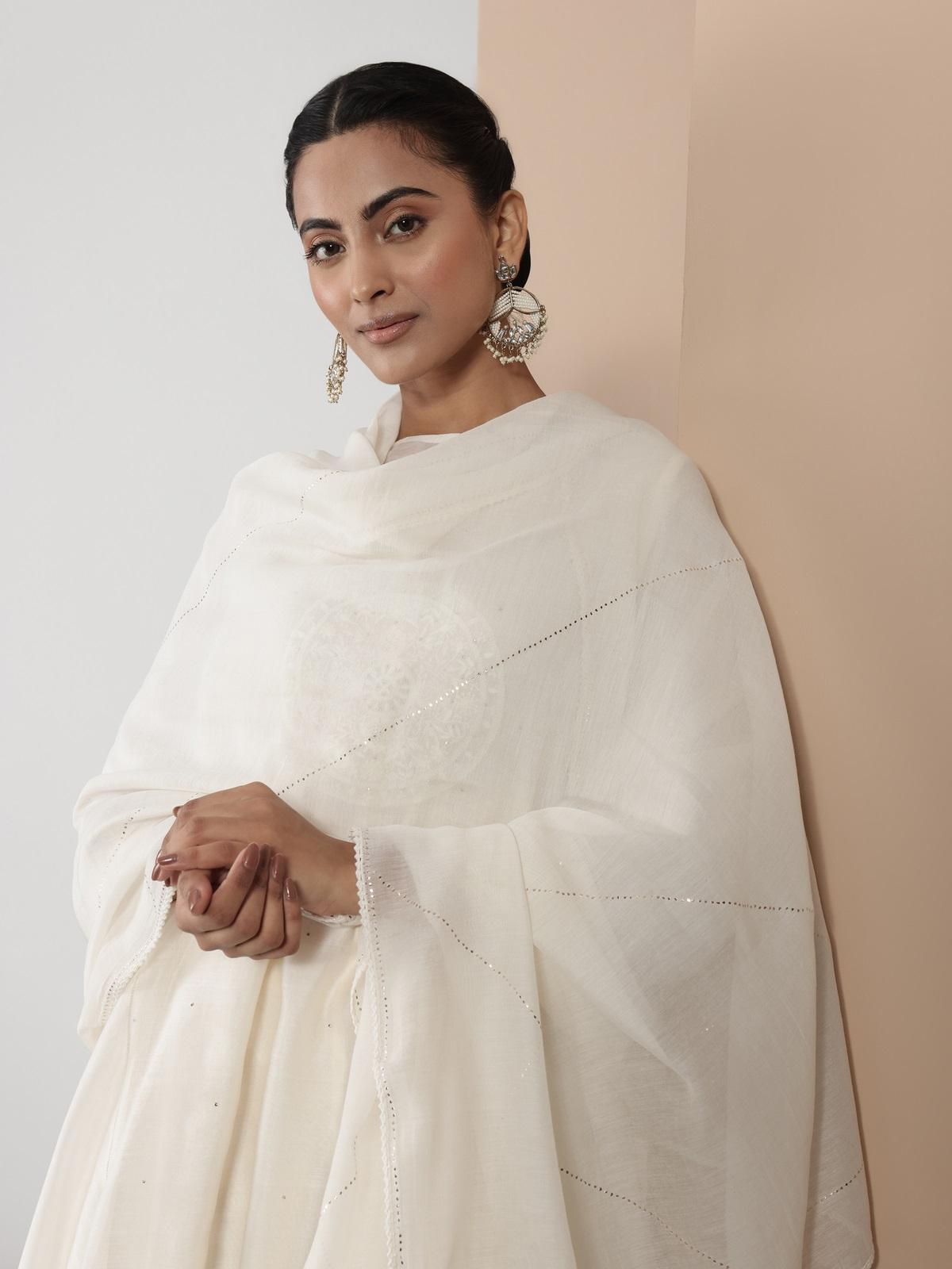 Off-white Cotton Silk Mukaish Embroidered Dupatta