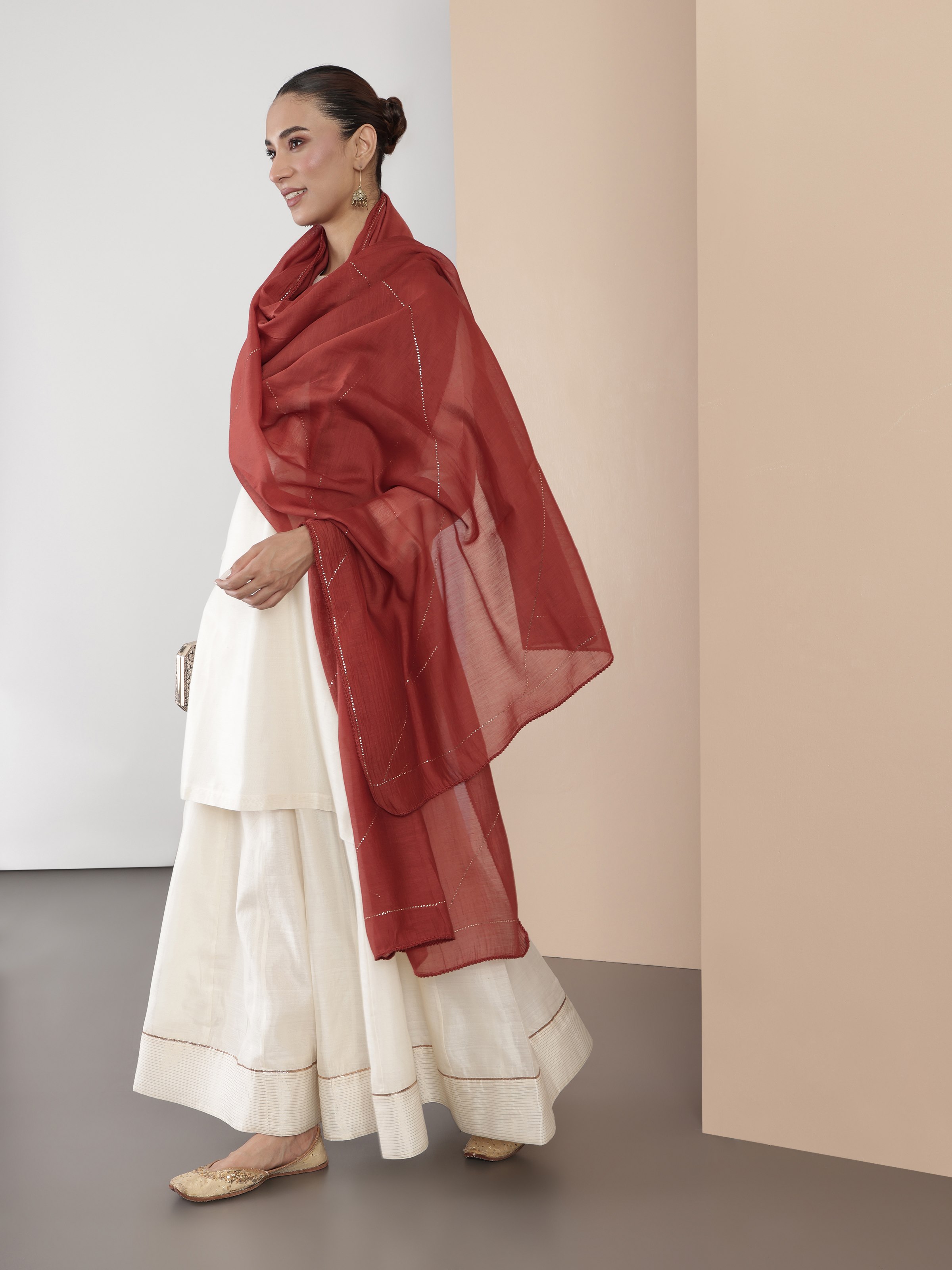 Maroon Cotton Silk Mukaish Embroidered Dupatta