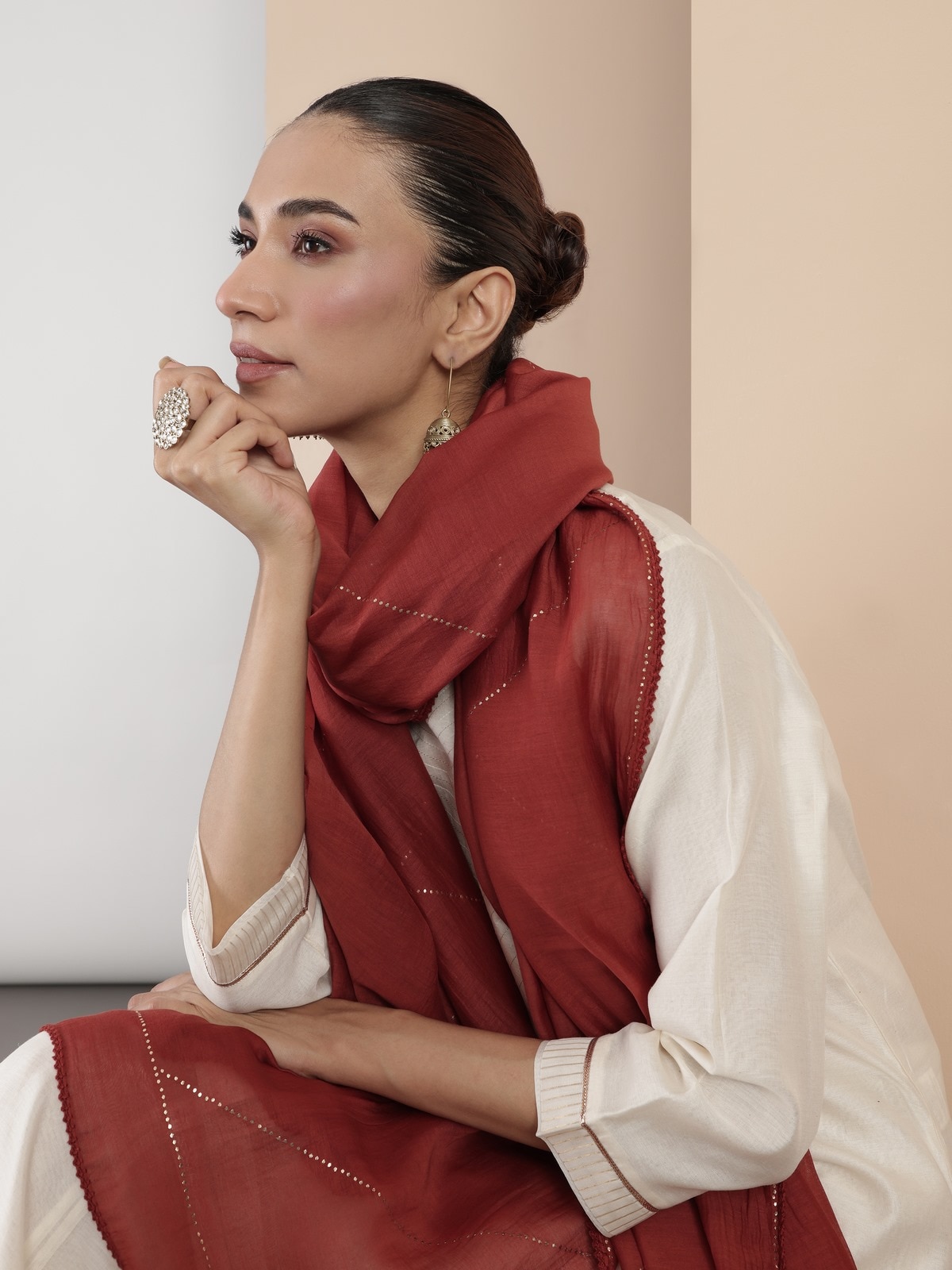 Maroon Cotton Silk Mukaish Embroidered Dupatta