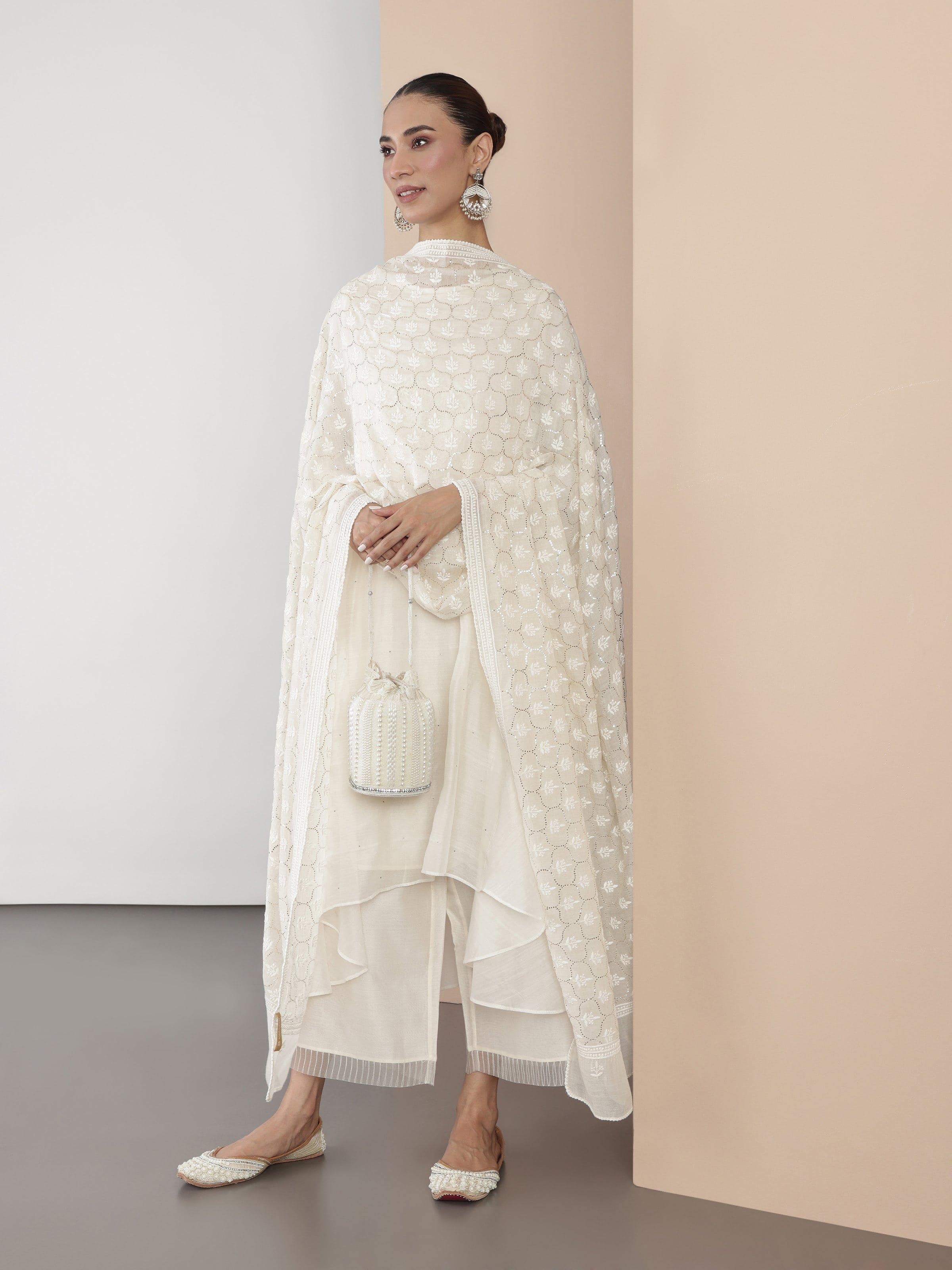 Off-white Cotton Silk Mukaish Embroidered Dupatta
