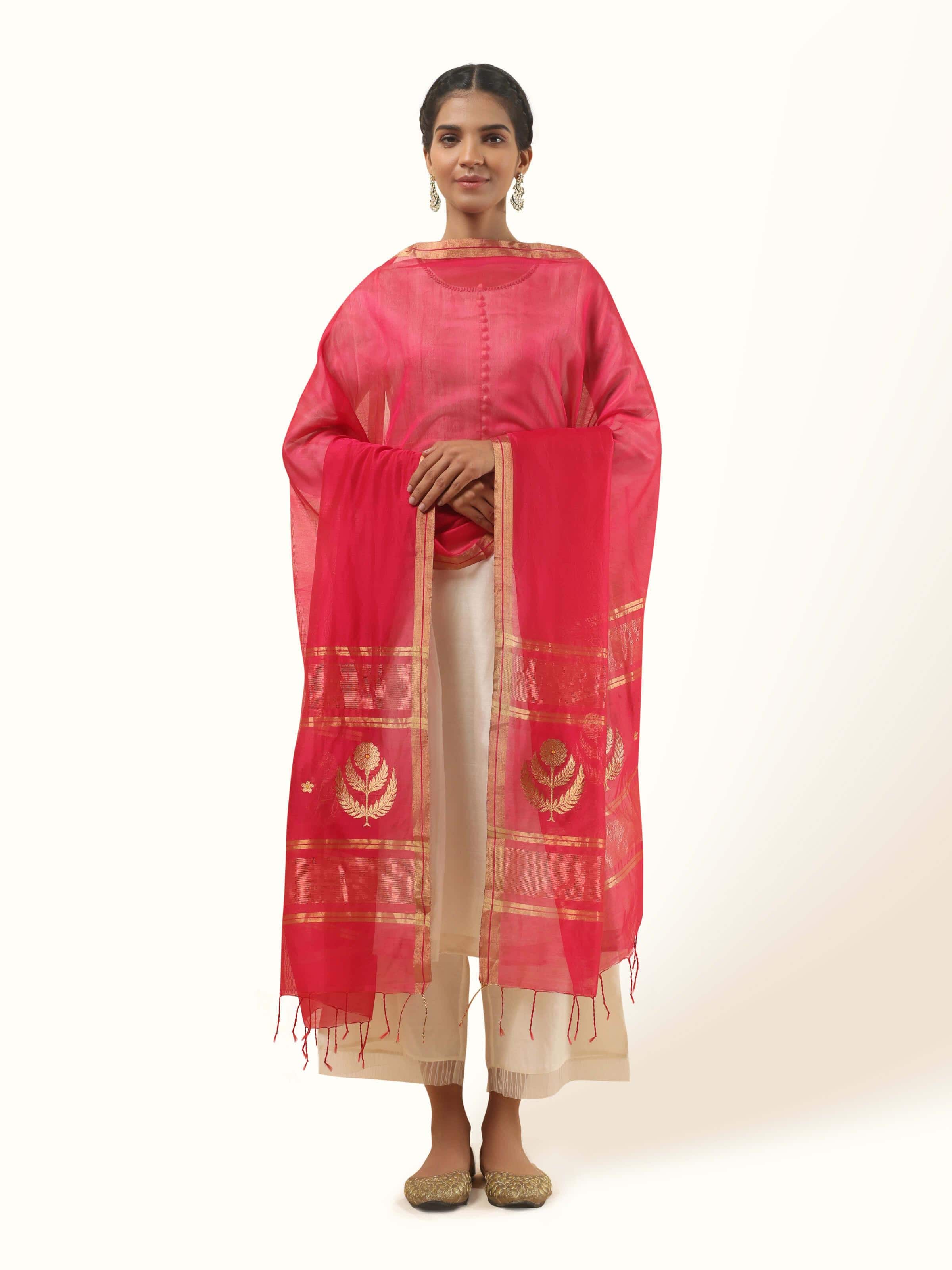 Pink Cotton Silk Chikankari Dupatta With Floral Buttis