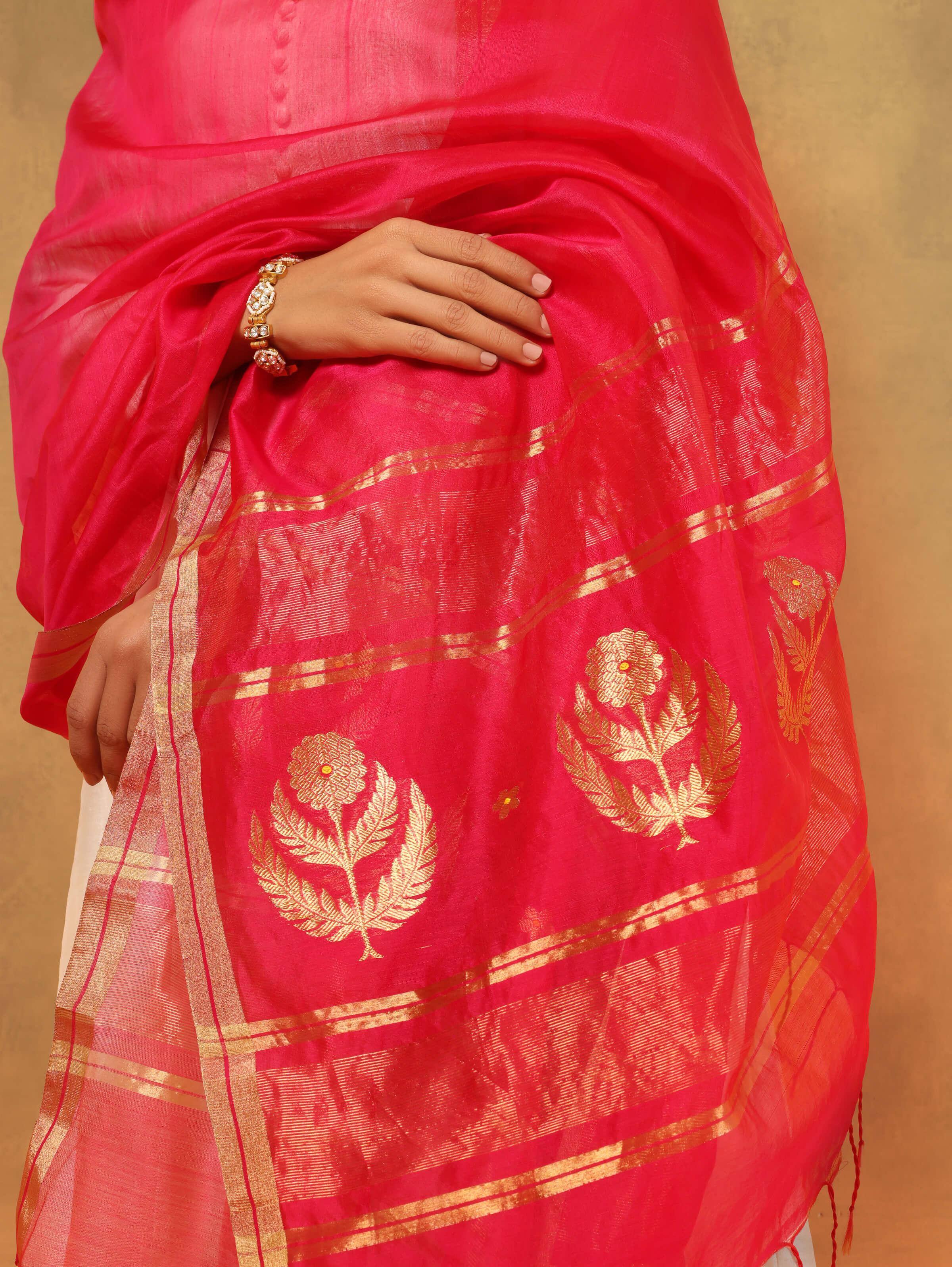 Pink Cotton Silk Chikankari Dupatta With Floral Buttis