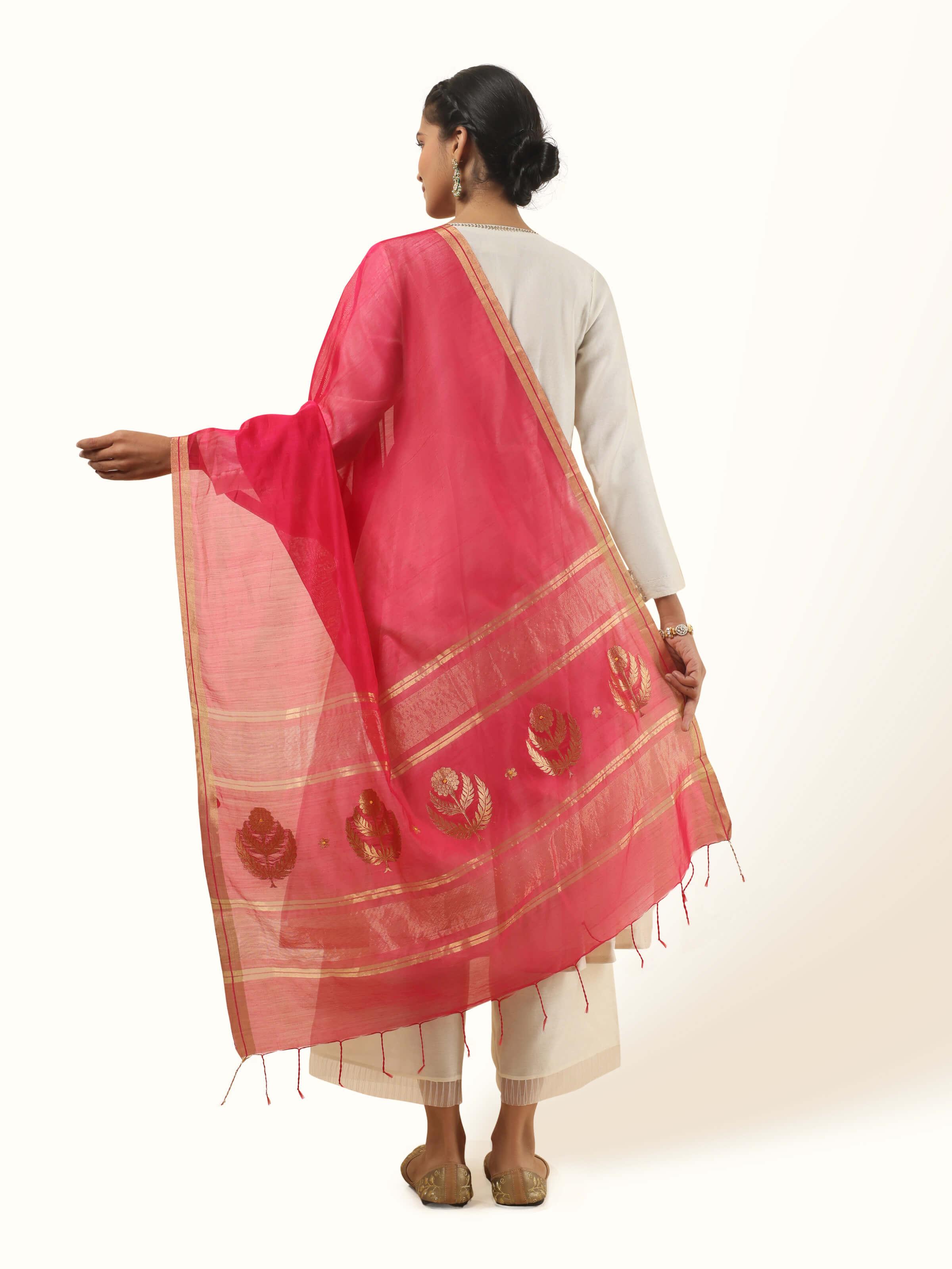 Pink Cotton Silk Chikankari Dupatta With Floral Buttis