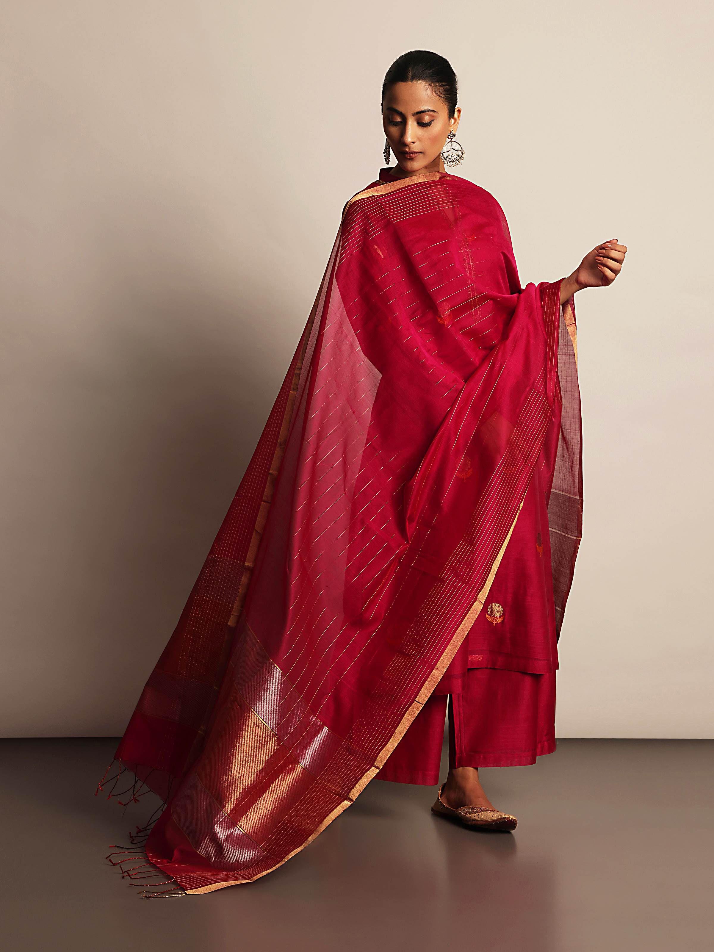 Pink Cotton Silk Chanderi Dupatta With Zari Border