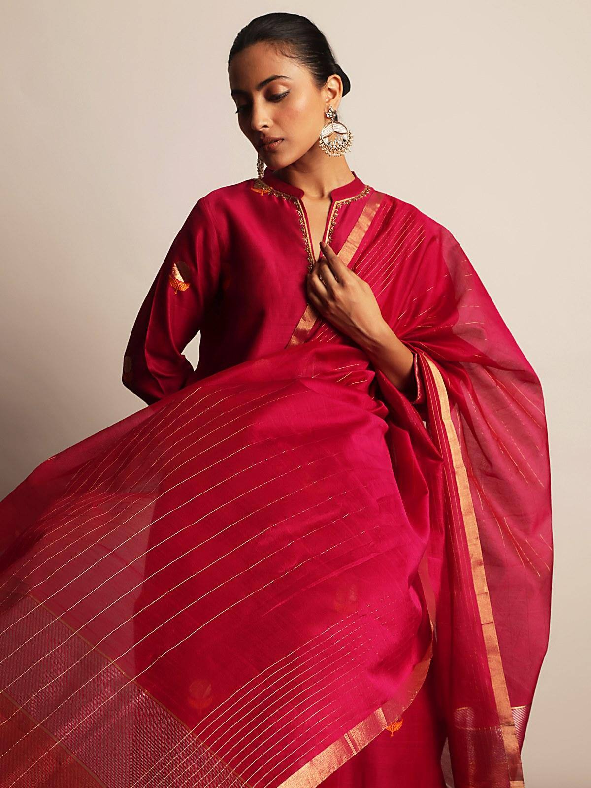 Pink Cotton Silk Chanderi Dupatta With Zari Border