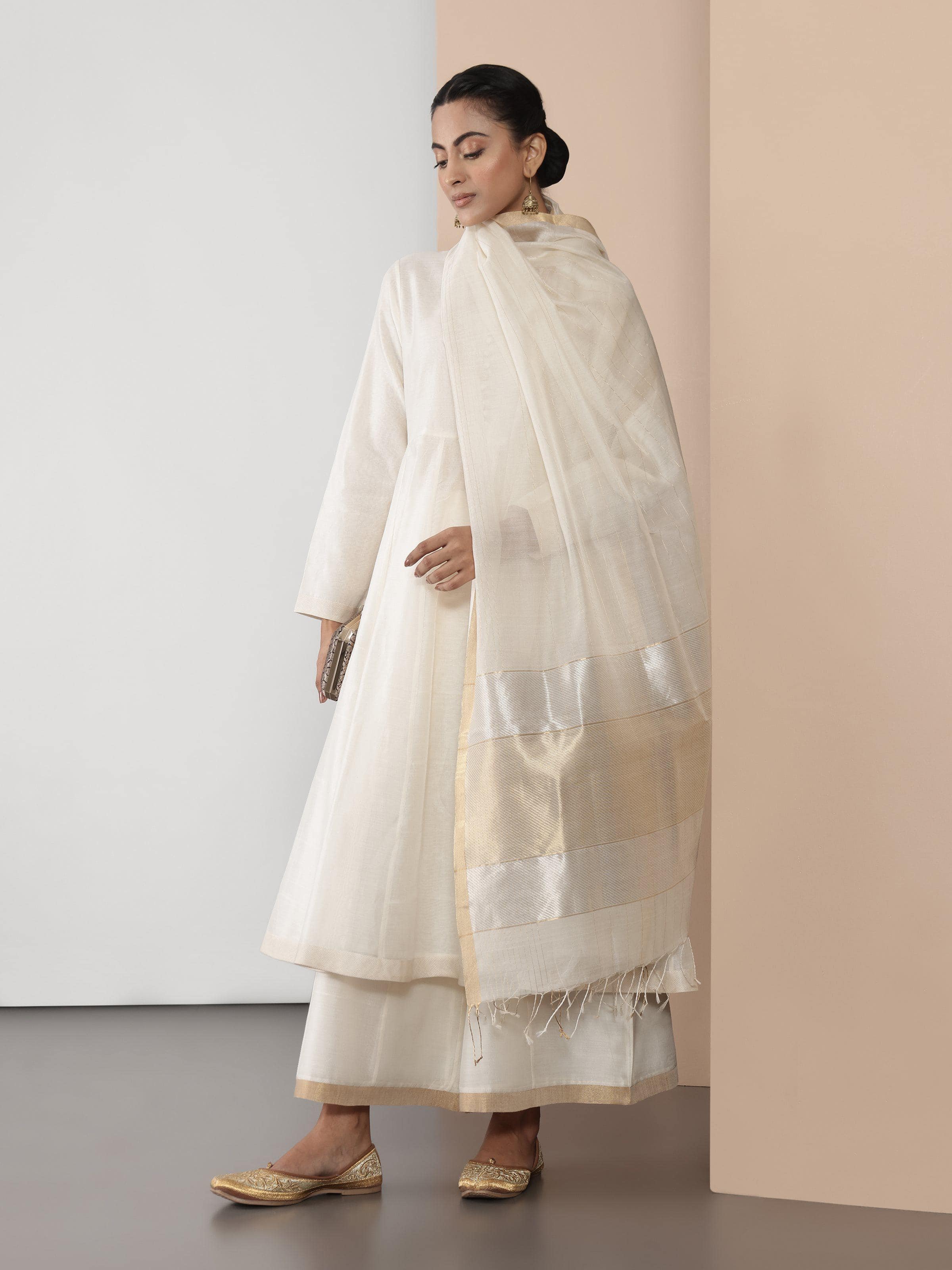 White & Gold Cotton Silk Chanderi Dupatta