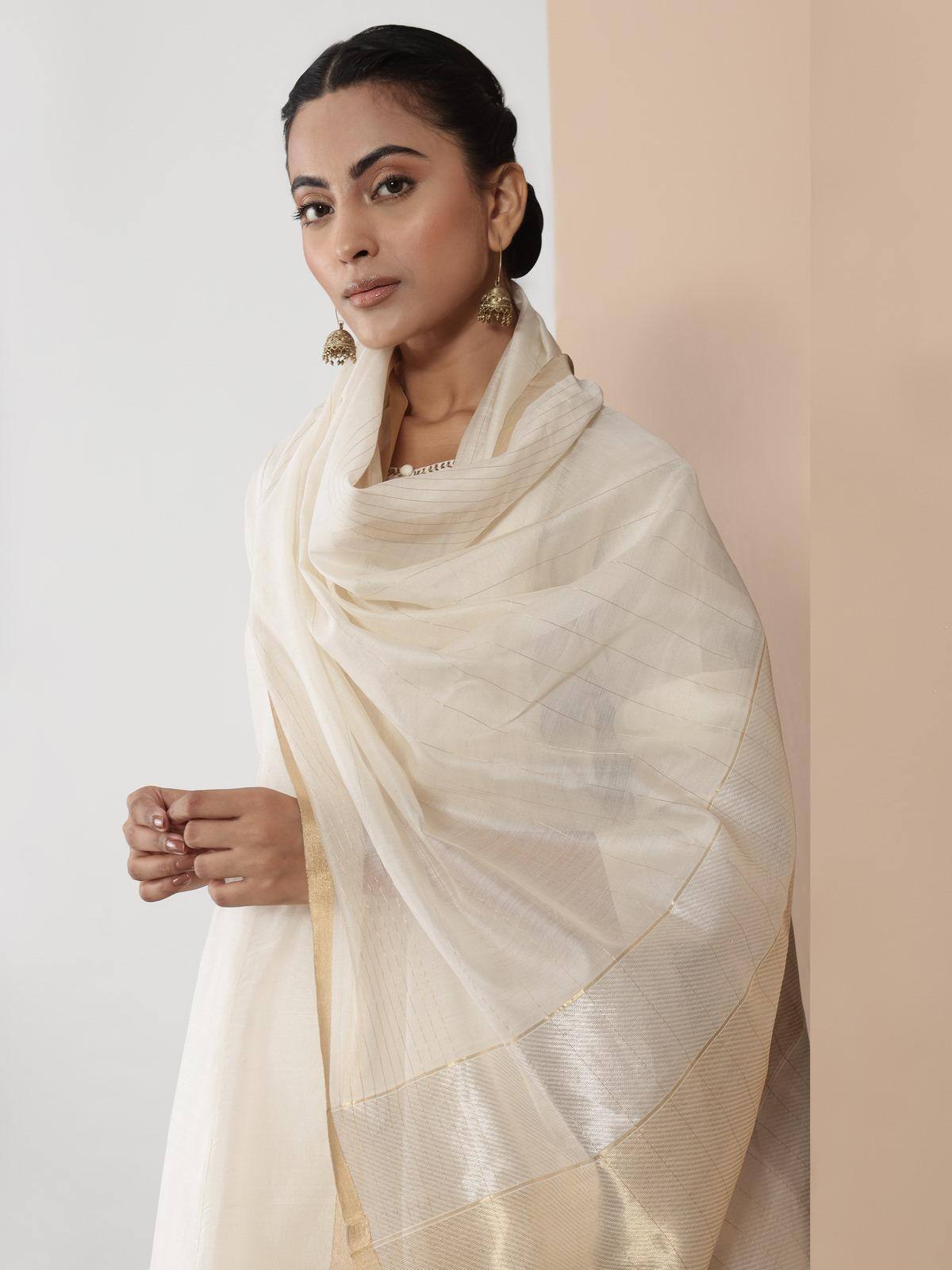 White & Gold Cotton Silk Chanderi Dupatta