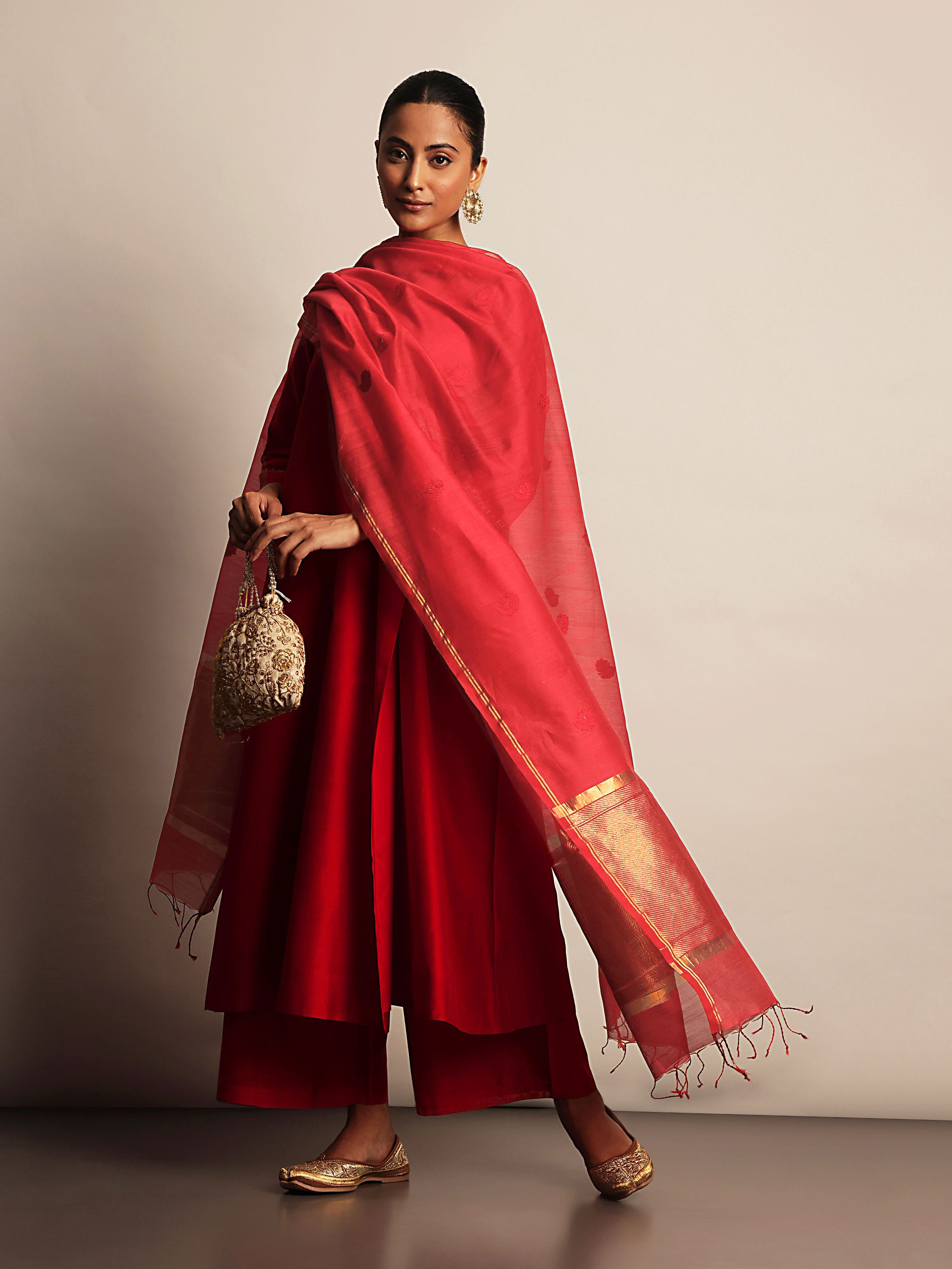 Red Cotton Silk Chanderi Dupatta