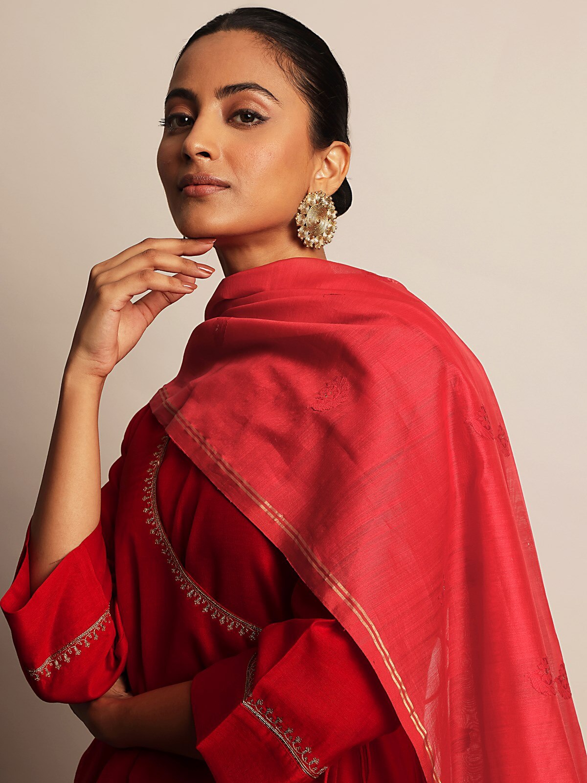 Red Cotton Silk Chanderi Dupatta