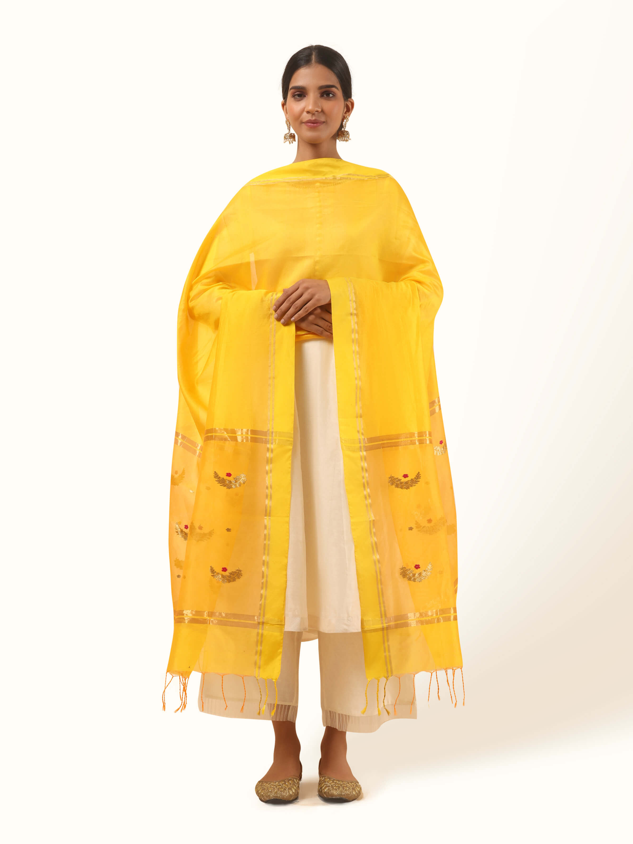 Yellow Cotton Silk Chanderi Dupatta With Floral Motif