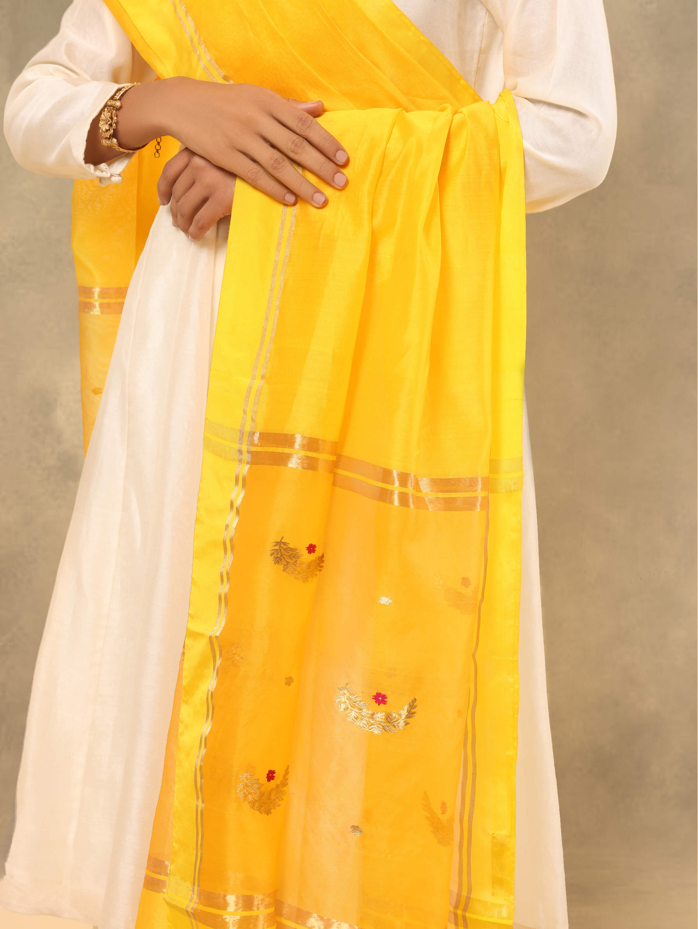 Yellow Cotton Silk Chanderi Dupatta With Floral Motif