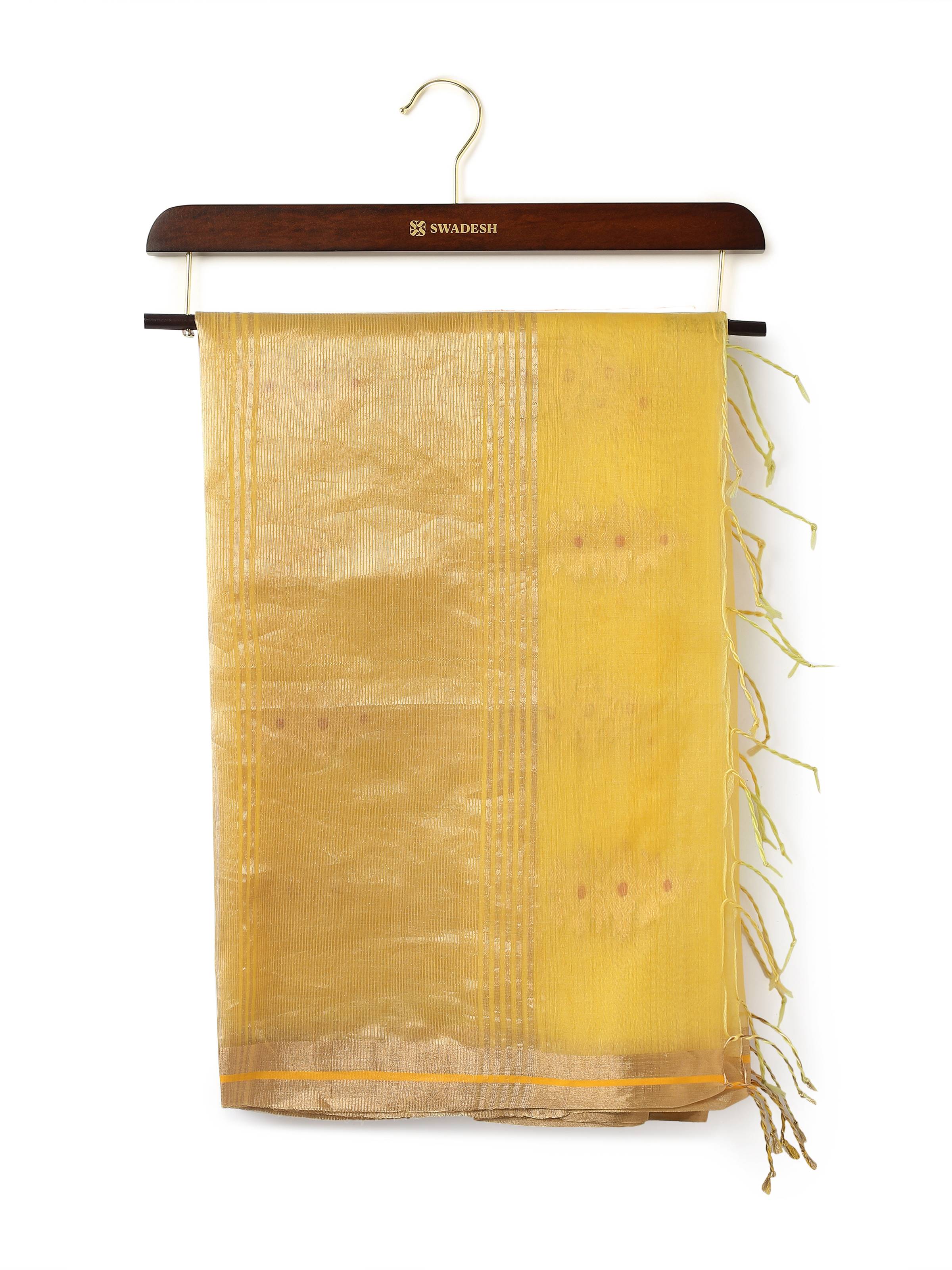Front view of yellow Chanderi dupatta in cotton silk with golden zari border