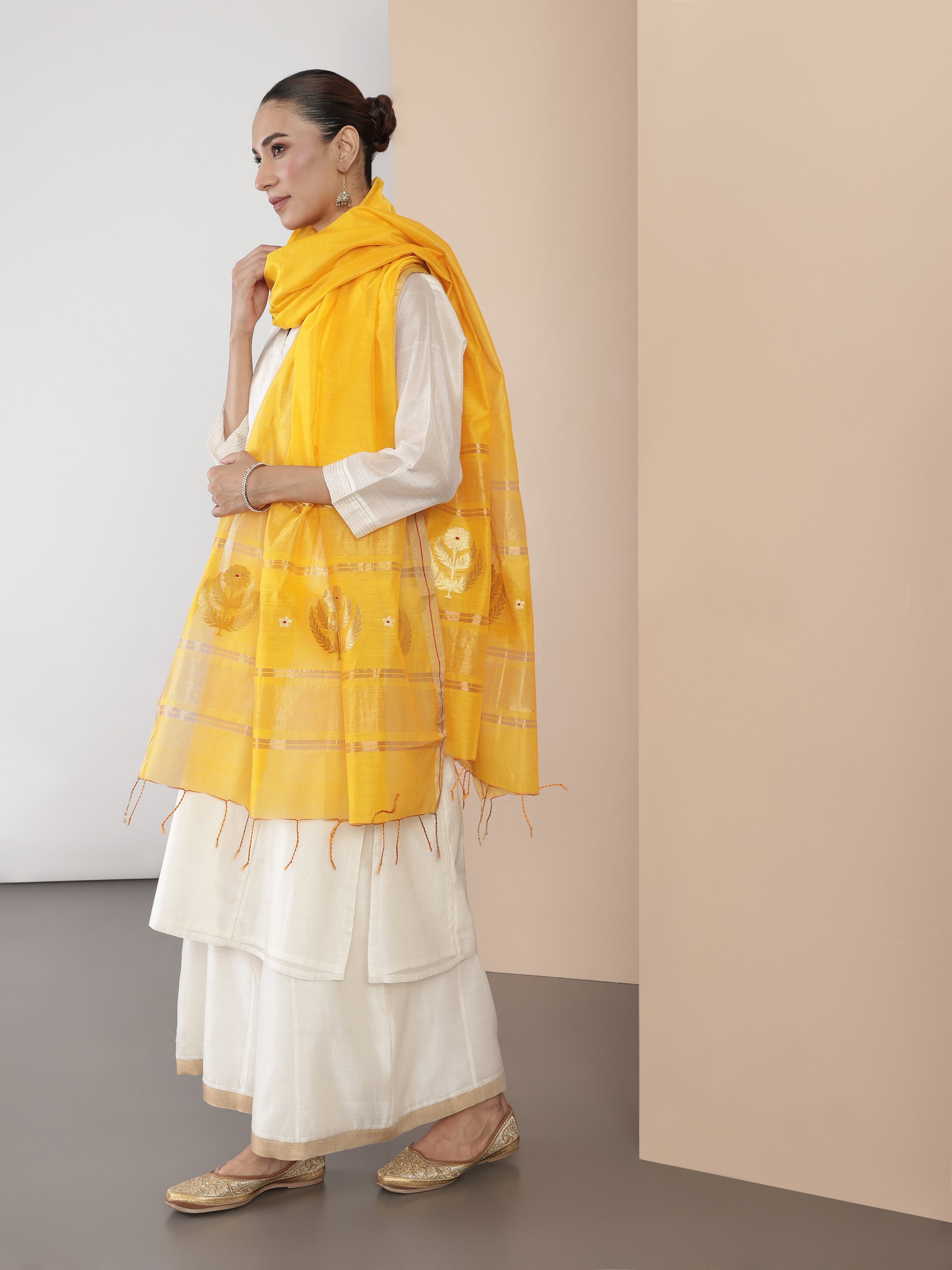 Yellow Cotton Silk Chanderi Dupatta With Shimmering Zari Border