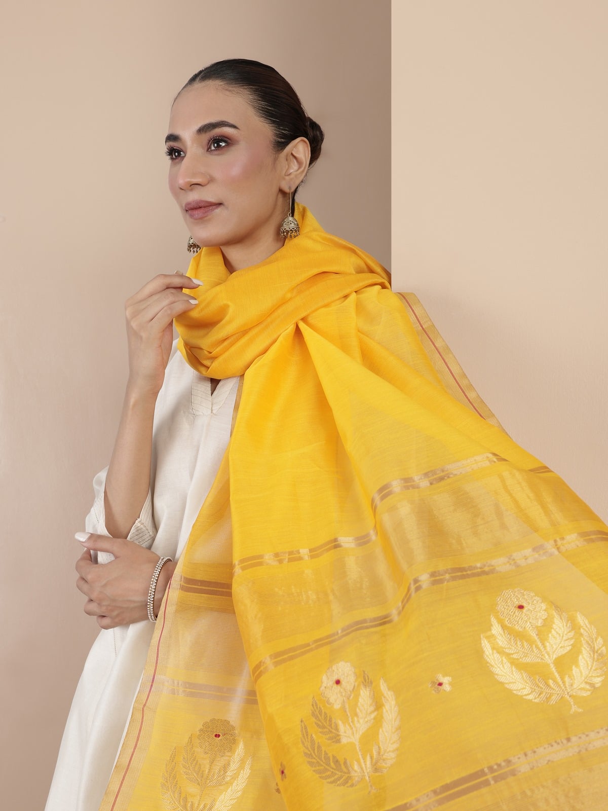 Yellow Cotton Silk Chanderi Dupatta With Shimmering Zari Border