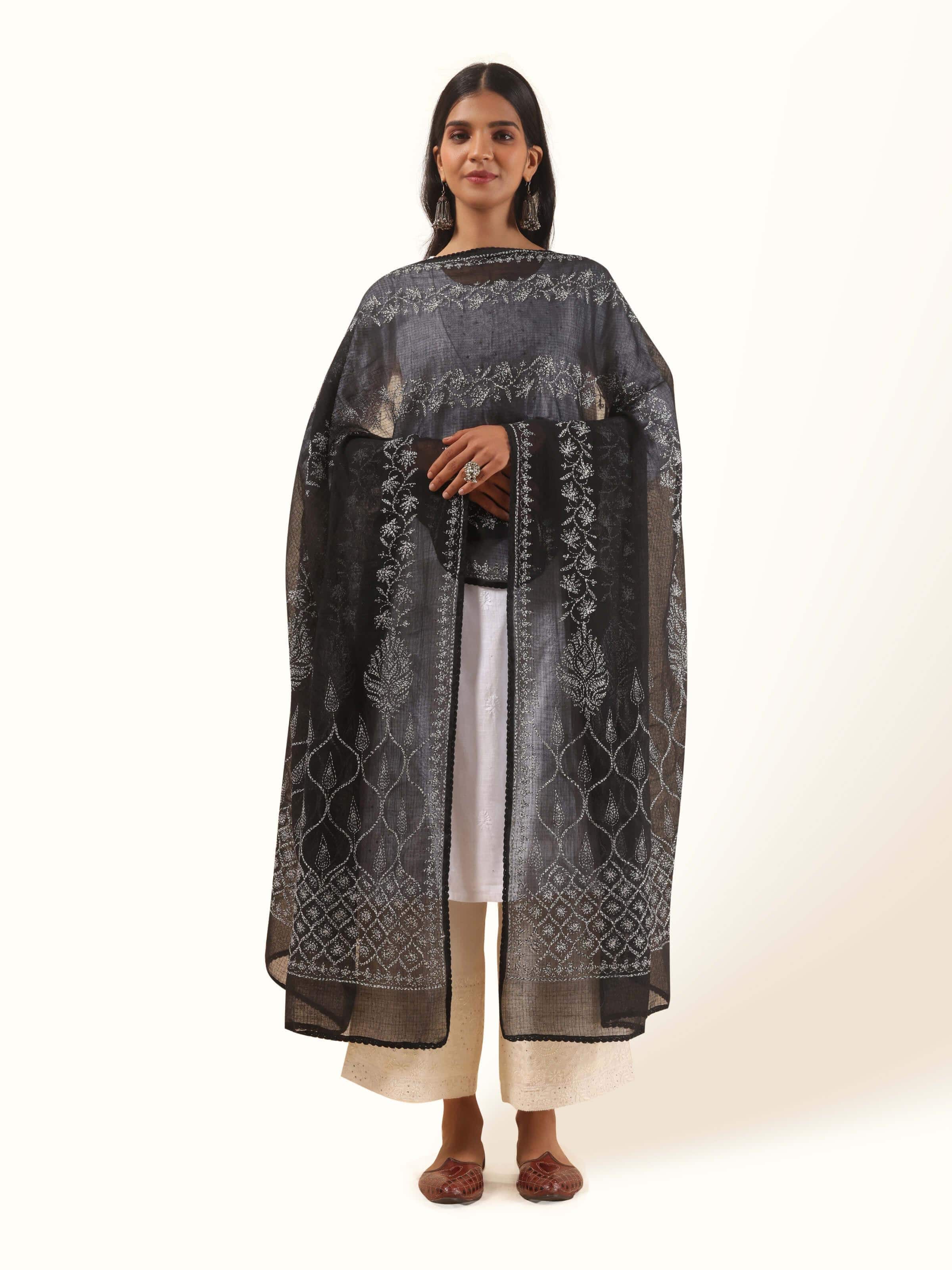 Black Cotton Silk Chikankari Dupatta