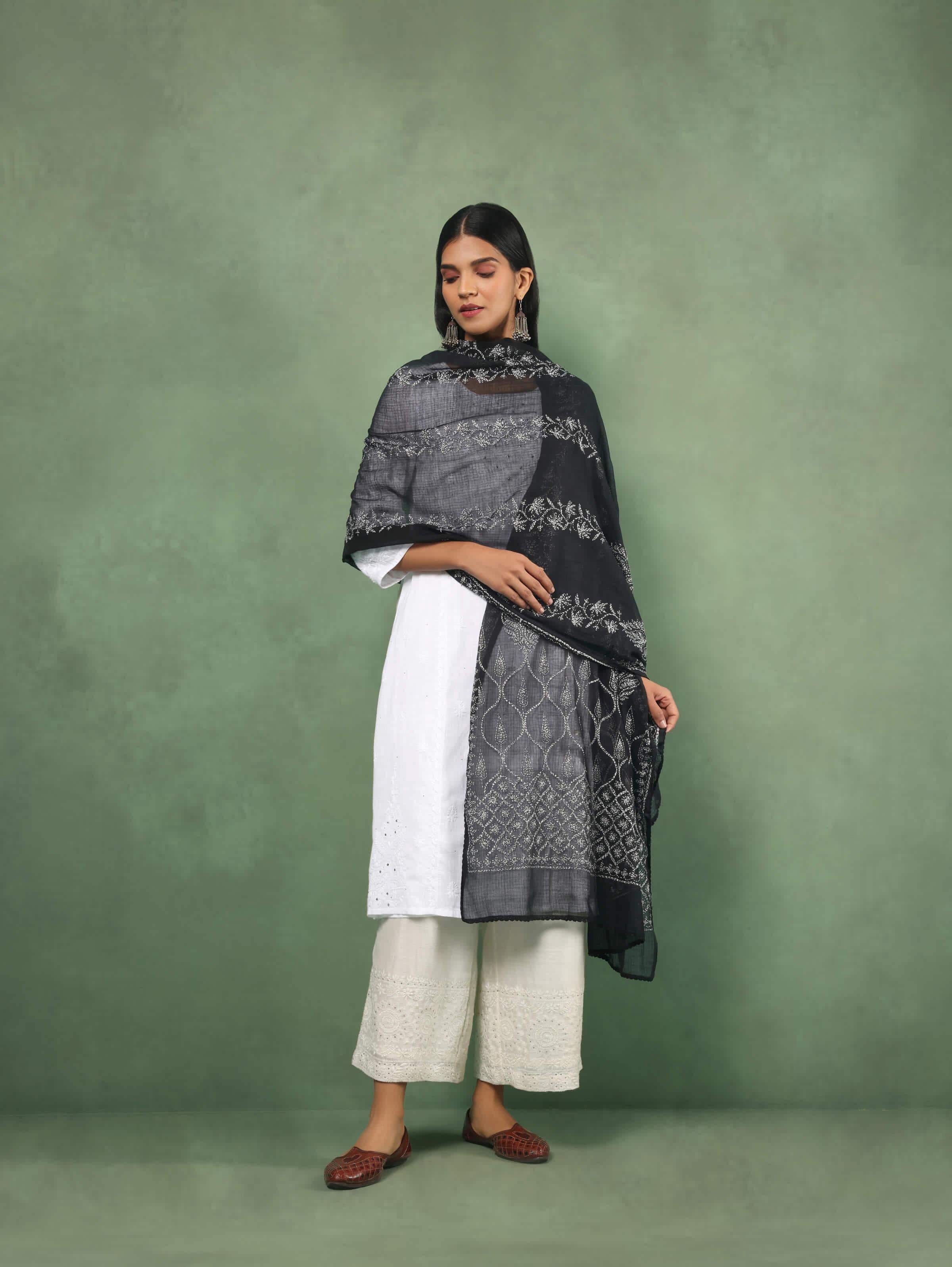 Black Cotton Silk Chikankari Dupatta