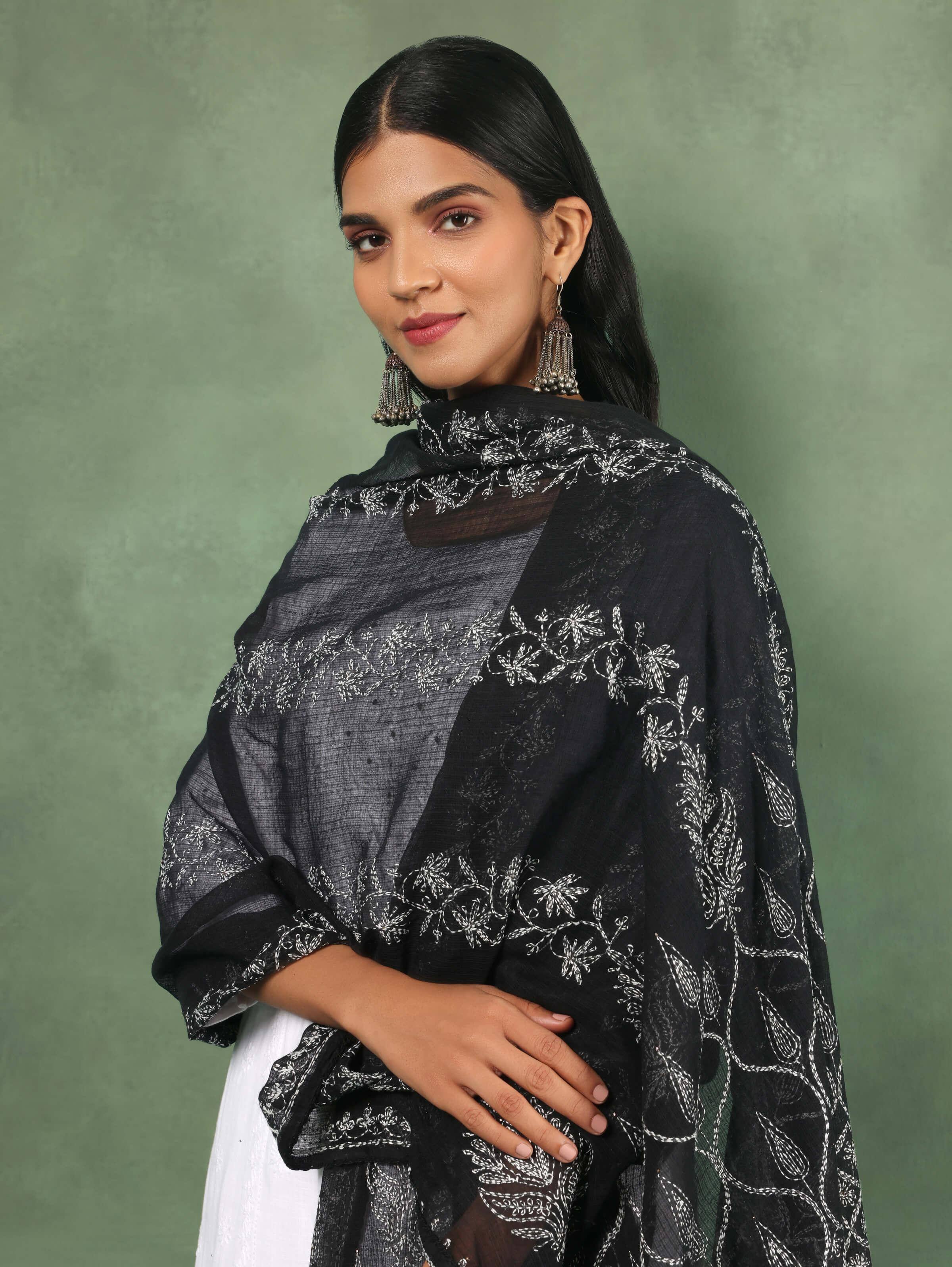 Black Cotton Silk Chikankari Dupatta