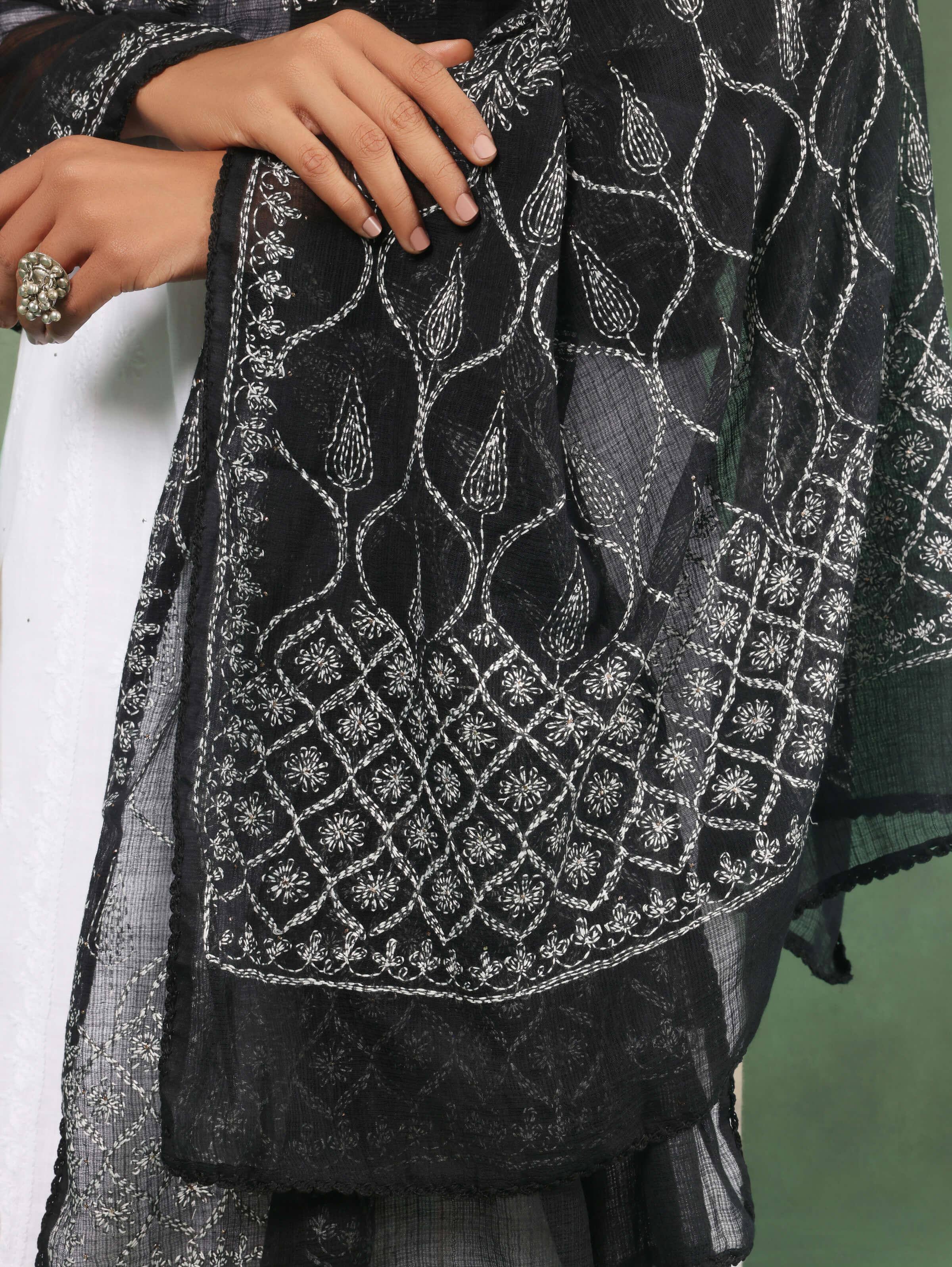 Black Cotton Silk Chikankari Dupatta