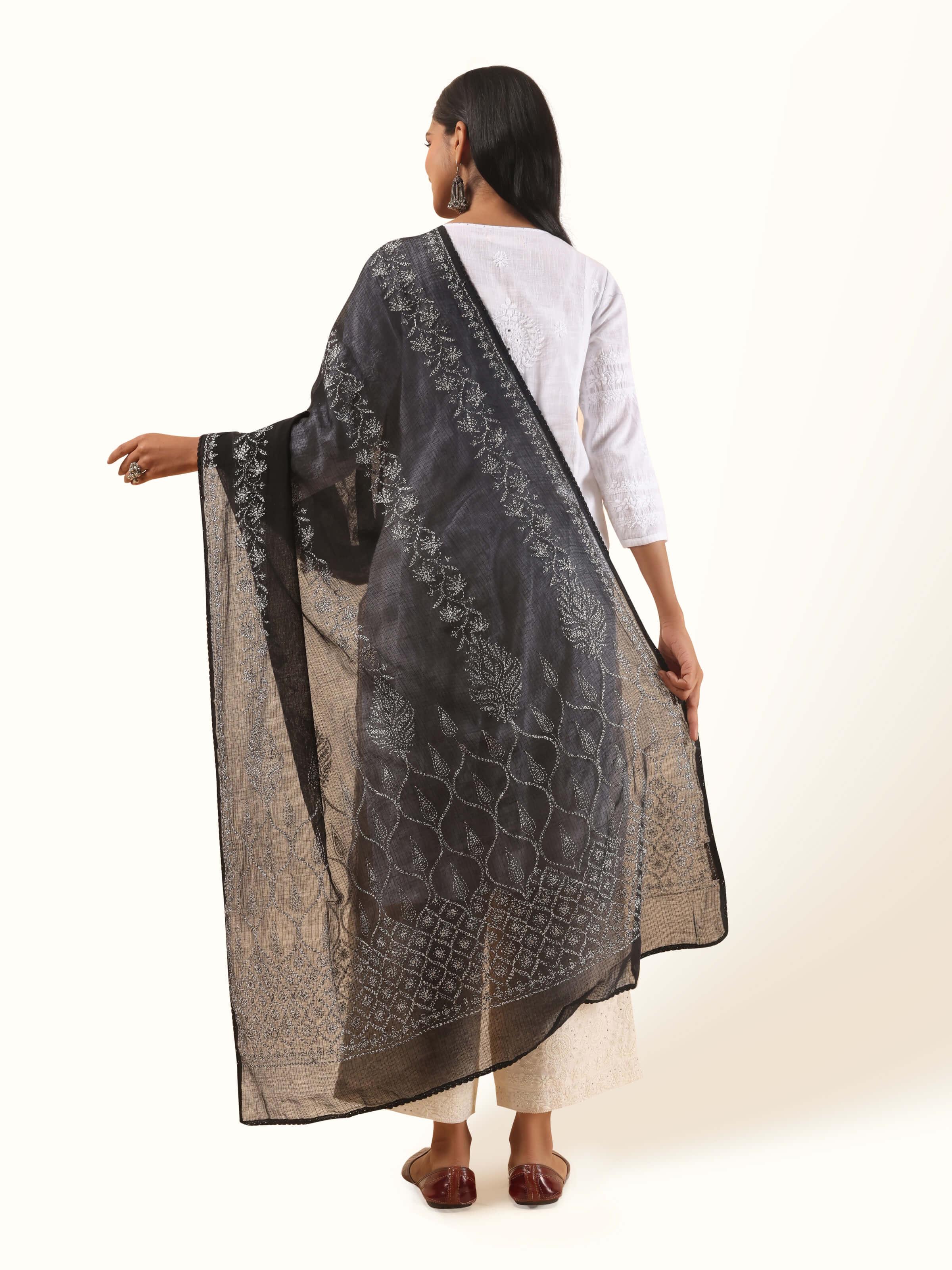 Black Cotton Silk Chikankari Dupatta