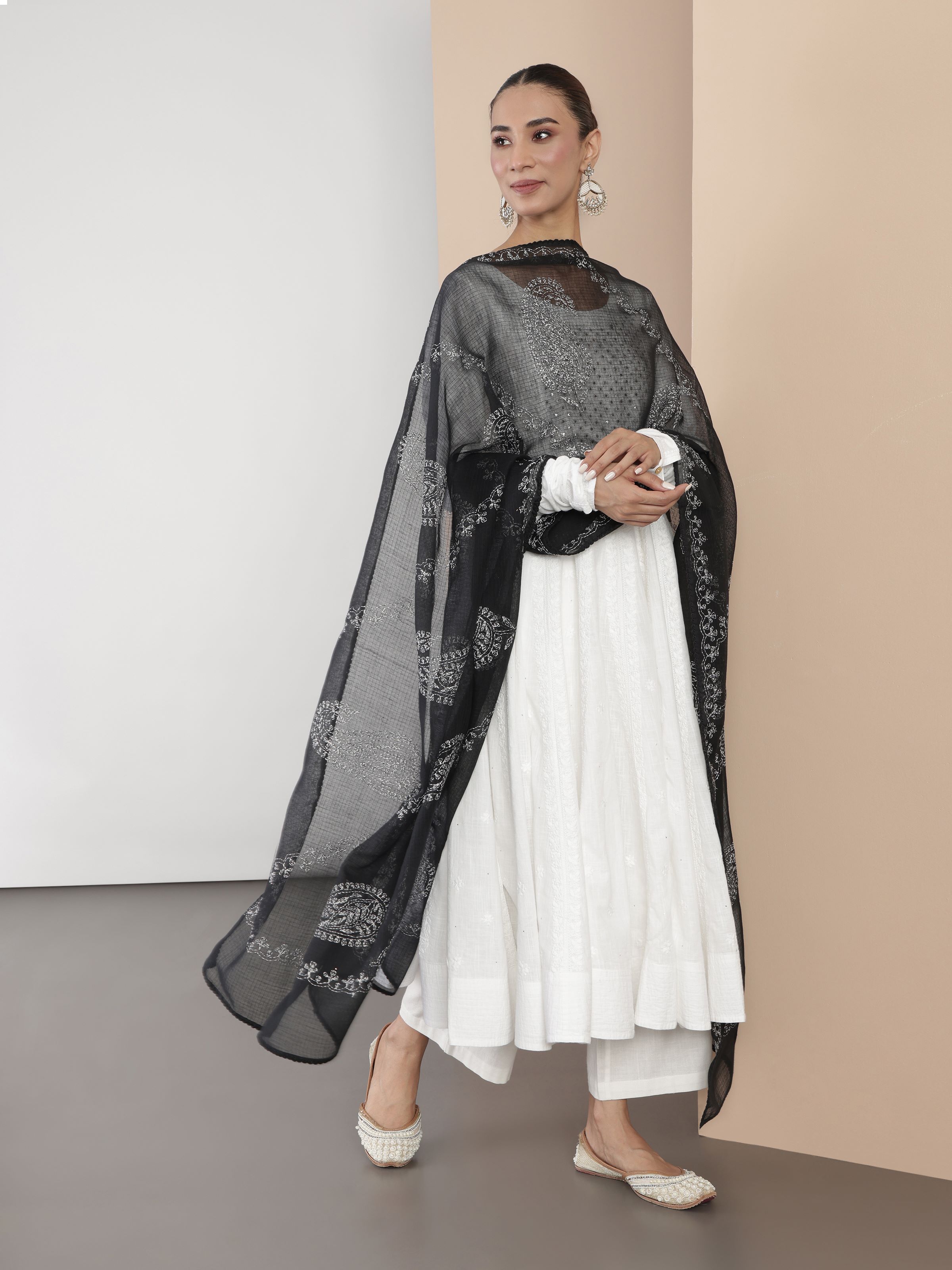 Black & White Cotton Silk Chikankari Dupatta