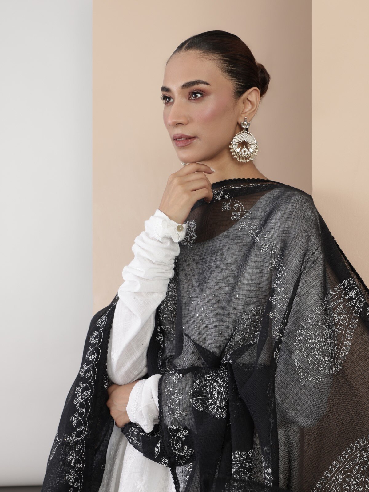 Black & White Cotton Silk Chikankari Dupatta