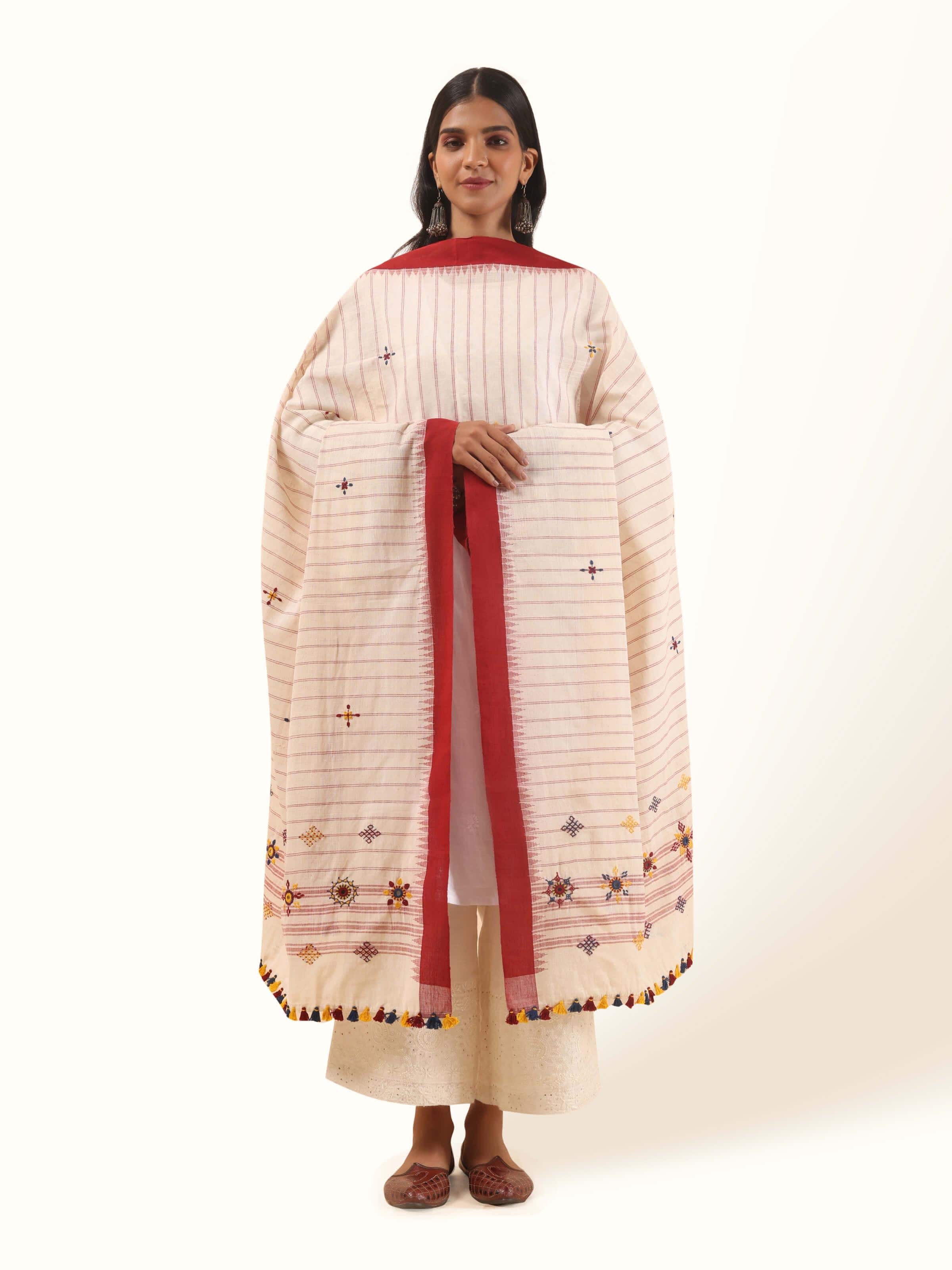 Front view of Red Cotton Lambani Embroidered Dupatta showcasing vibrant embroidery and fabric texture.