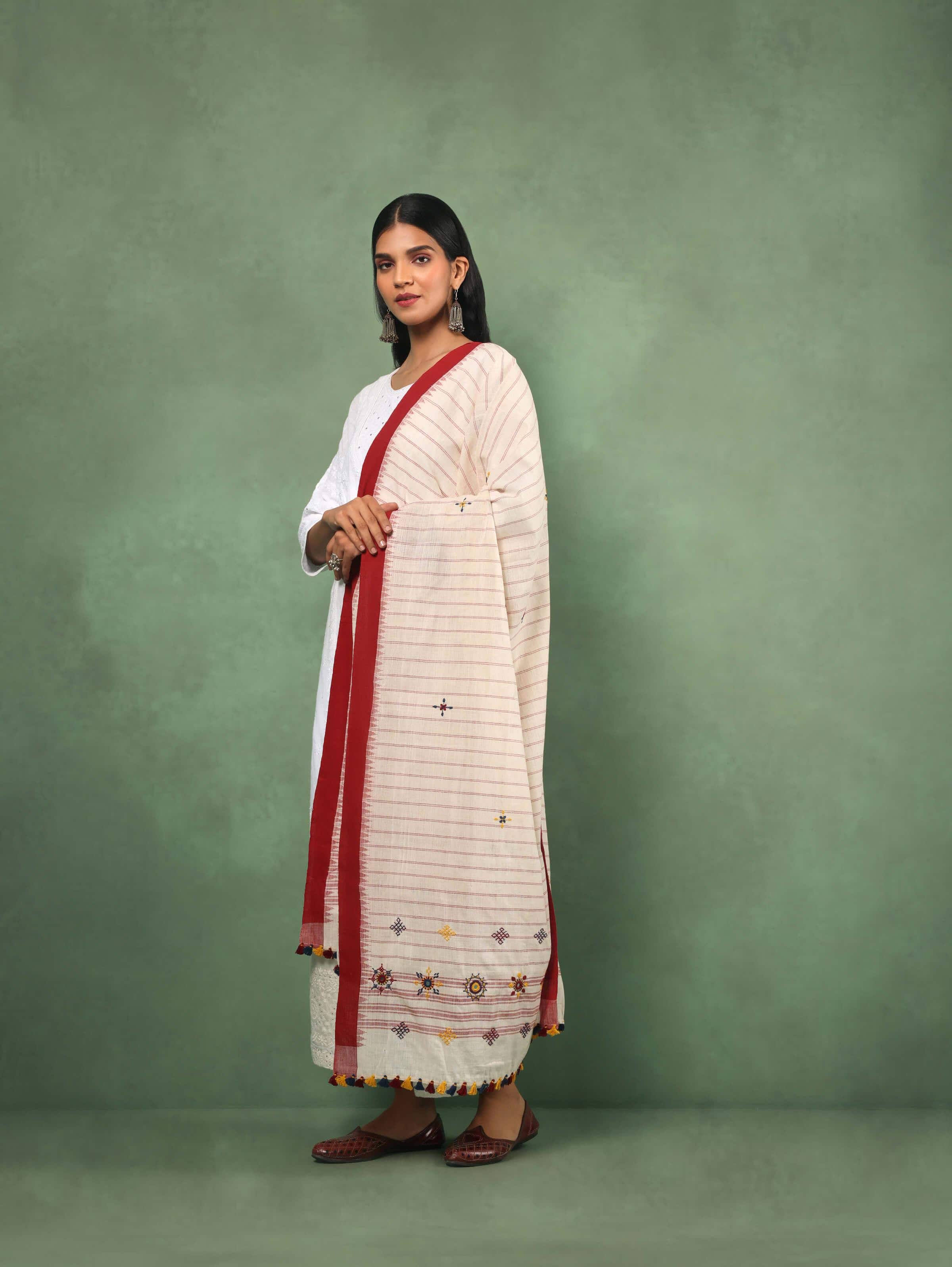 Side view of Red Cotton Lambani Embroidered Dupatta highlighting intricate embroidery details.