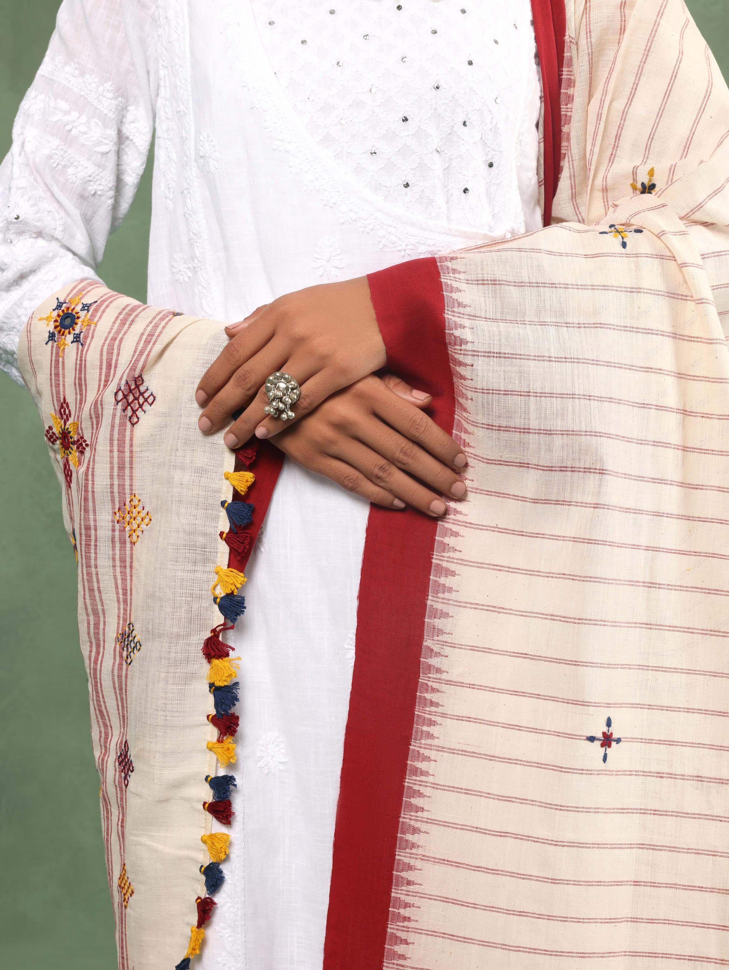 Close-up view of Red Cotton Lambani Embroidered Dupatta focusing on the embroidery and fabric.